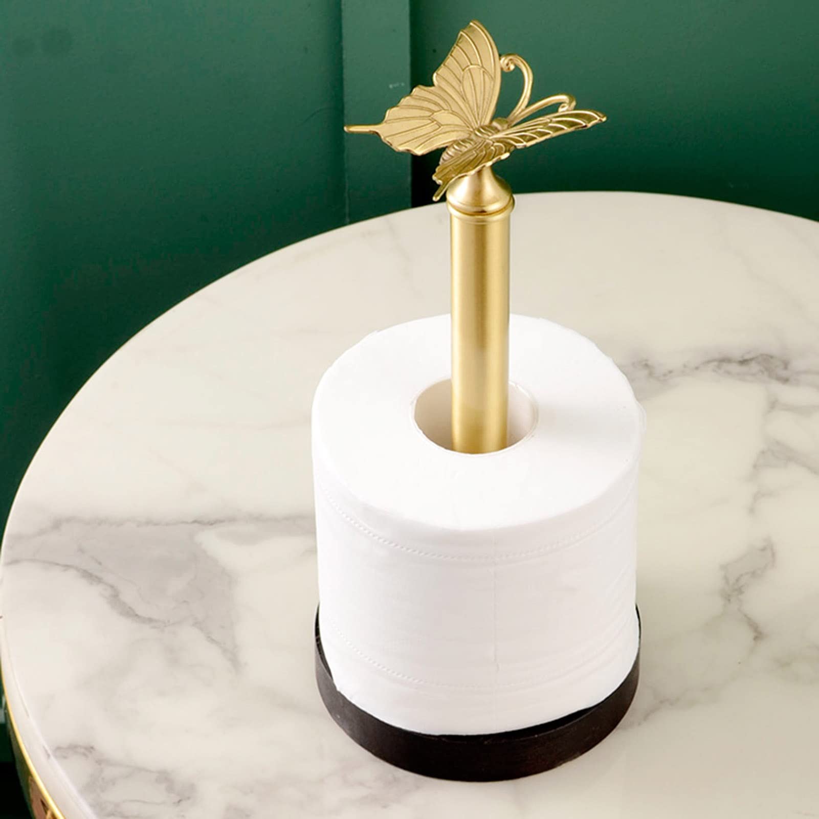 Copper Butterfly Paper Towel Holder with Solid Wood Base - Freestanding Kitchen Countertop Roll Paper Storage Dispenser (Gold Brown) | Elegant Bathroom & Kitchen Decor for Home & Office