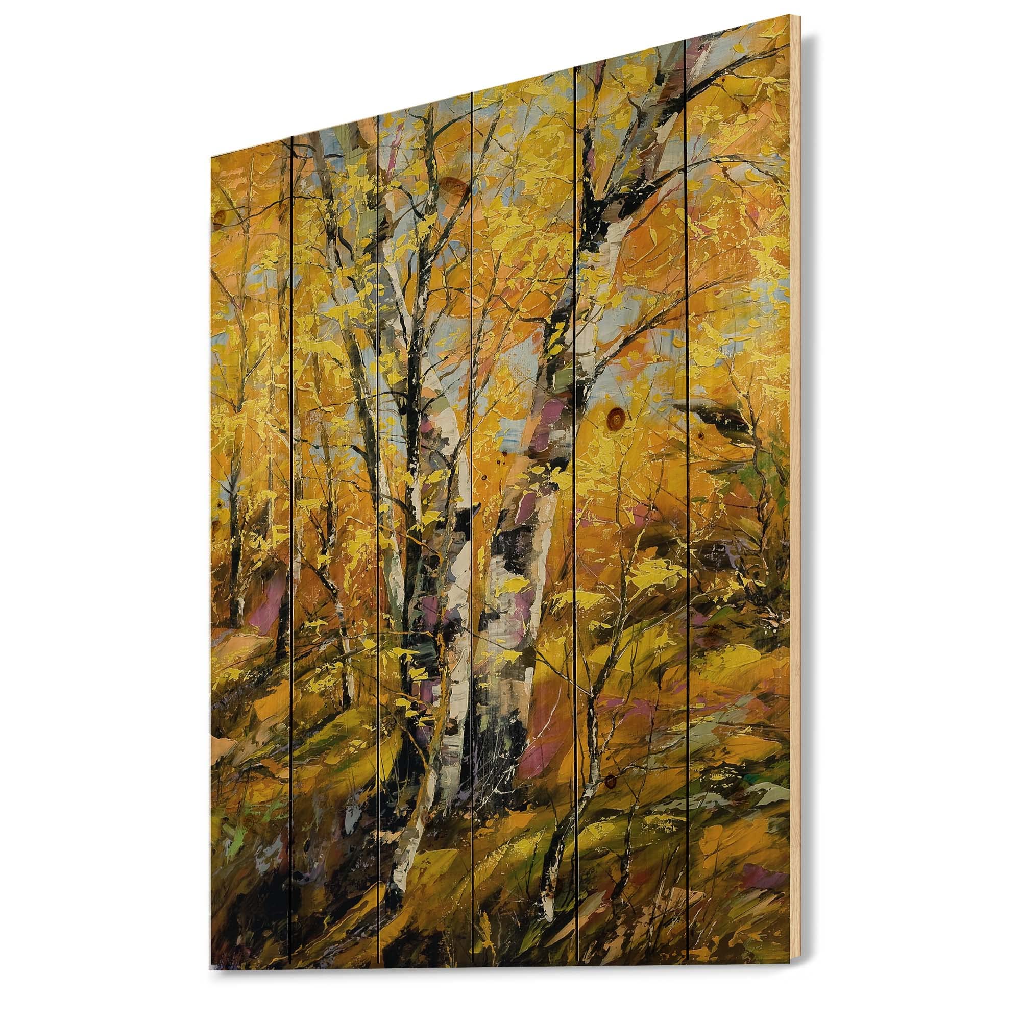 DesignQ Yellow Autumn Birch Trees Wood Wall Art - Large Country Landscape Panel Decor Printed on Natural Pine Wood - Perfect for Living Room, Bedroom, or Cabin Decor
