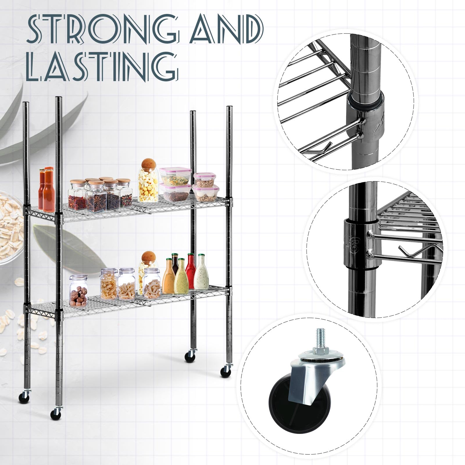 4-Pack Chrome Wire Shelving Poles with 50 Plastic Shelf Clips & Caster Wheels - 74 Inch Heavy Duty Replacement Posts for Wire Shelving Rack Accessories | Garage Storage, Pantry Organization, Retail Display