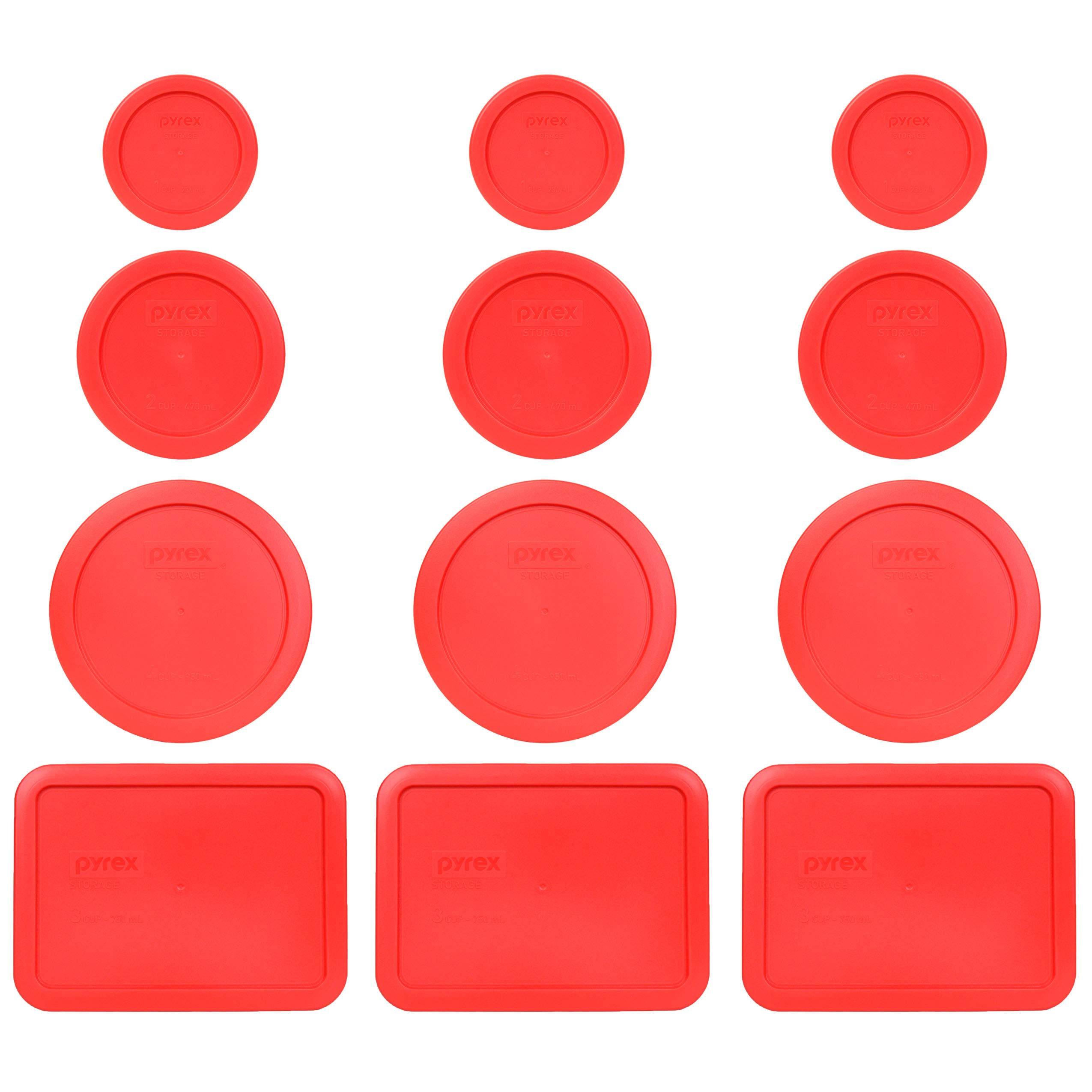 Pyrex 1 Cup, 2 Cup, 3 Cup & 4 Cup Red Replacement Food Storage Lids (Set of 12) - Airtight Kitchen Containers for Meal Prep, Leftovers & Pantry Organization - Made in USA