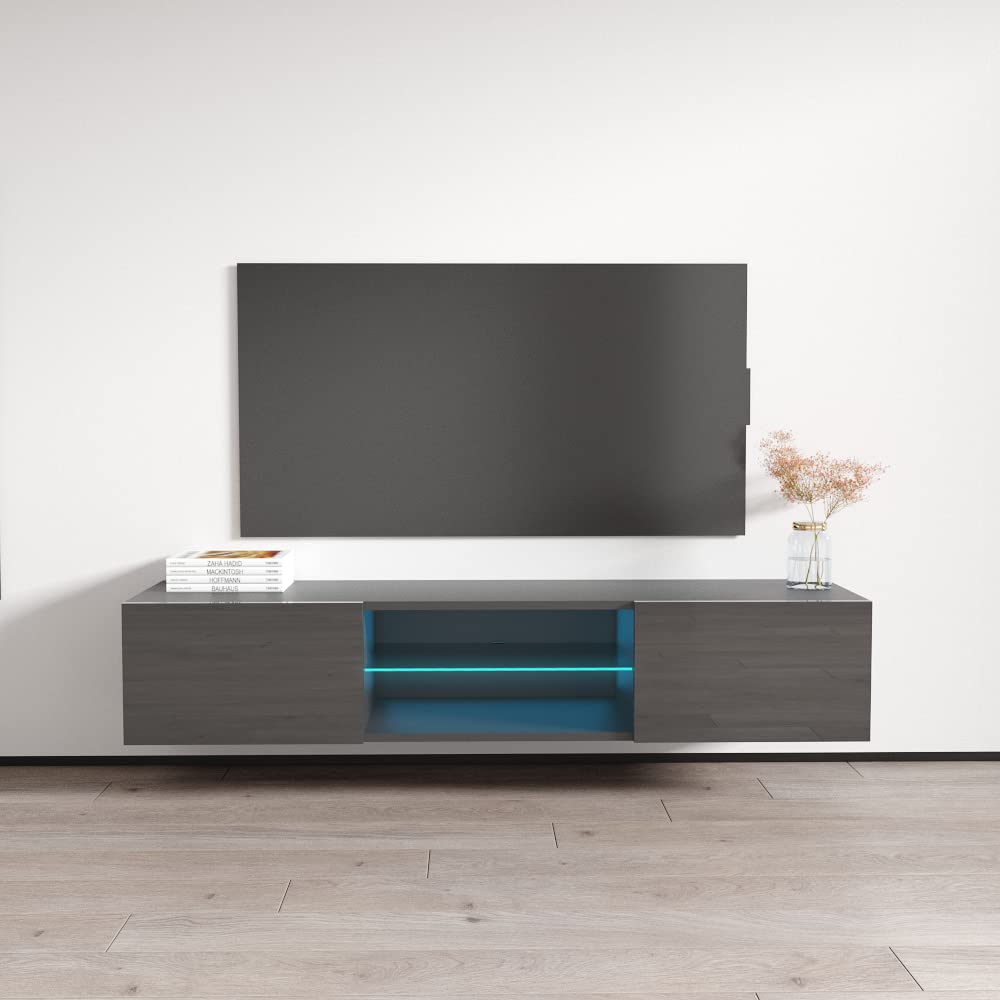 Modern High Gloss TV Stand with Storage Cabinets & LED Lights - Wall-Mounted Media Console for TVs Up to 70