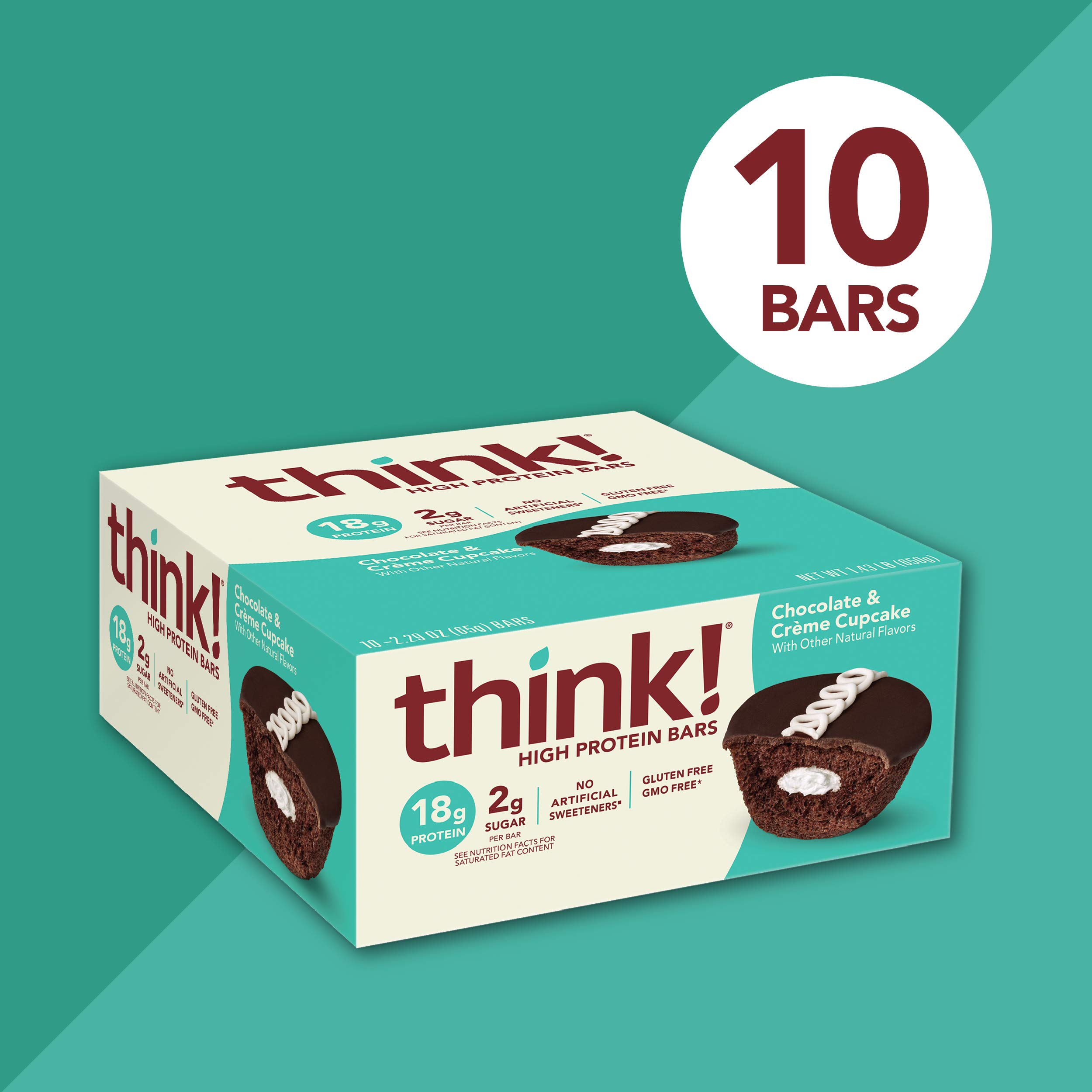 Think! Protein Bars - High Protein Snacks, Gluten Free, Low Sugar Energy Bar with Whey Protein Isolate | Chocolate & Crème Cupcake Flavor | No Artificial Sweeteners | 2.1 Oz (10 Count) | Perfect for Workout Recovery, Office Snacks & Healthy On-the-Go Nutrition
