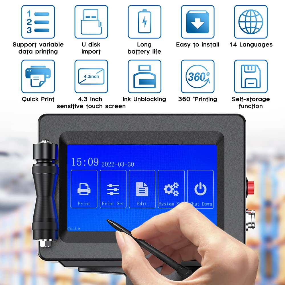 JS12H1 Handheld Inkjet Printer with Quick-Drying Ink - Portable Date Coding Machine for Text, QR Codes, Barcodes & Batch Numbers - Label Printer for Metal, Plastic, Wood & More - Ideal for Warehouse, Factory & Retail Labeling