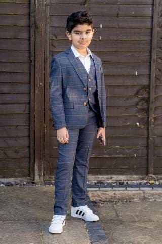 Marc Darcy Boys' Jenson Marine Navy Check 3-Piece Suit | Formal Kids Suit for Weddings, Parties & Special Occasions