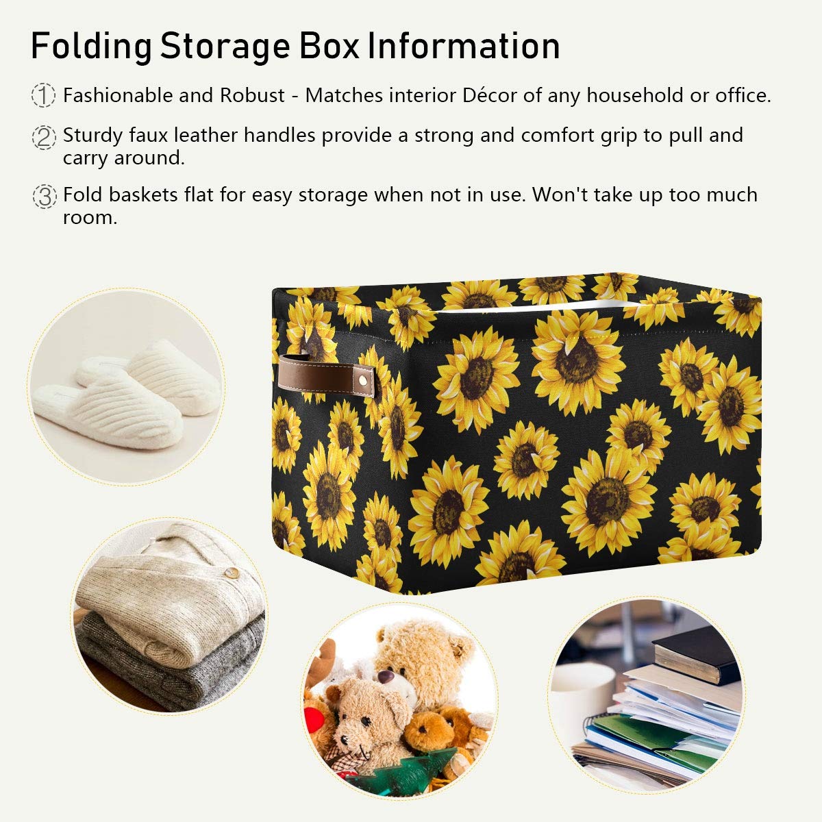 Emelivor Collapsible Sunflower Storage Bin with Handle - Waterproof Rectangle Basket for Organizing Toys, Books, Office & Bathroom Supplies | Perfect for Nursery, Closet & Shelf Storage