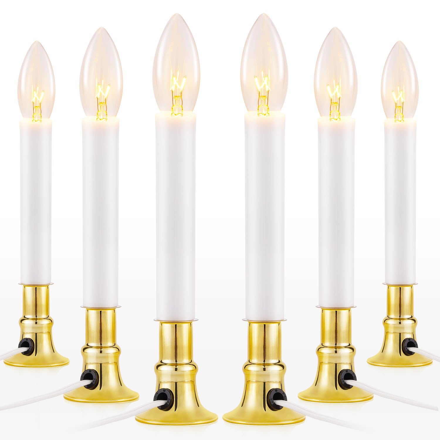 TOBUSA 6 Pack Electric Window Candles with Gold Holders - Sensor Dusk to Dawn Christmas Lights, 9in Plug in Candle Lamps with Clear Bulbs for Holiday Decor, Party & Home Decoration - Perfect for Christmas, Weddings & Winter Home Ambiance