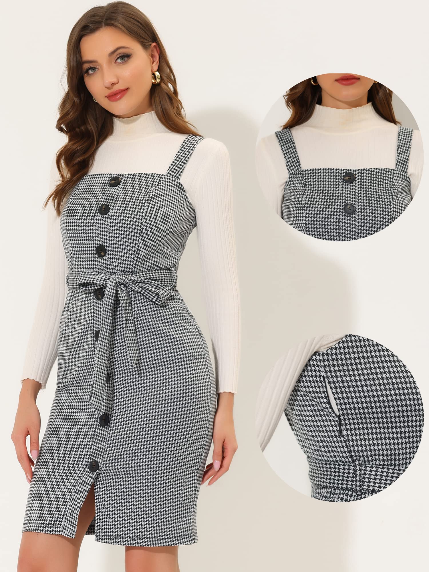Allegra K Women's Vintage Plaid Overall Dress with Bow Tie Waist - Stylish Sheath Jumper Dress for Casual Outings, Date Nights & Fall Fashion