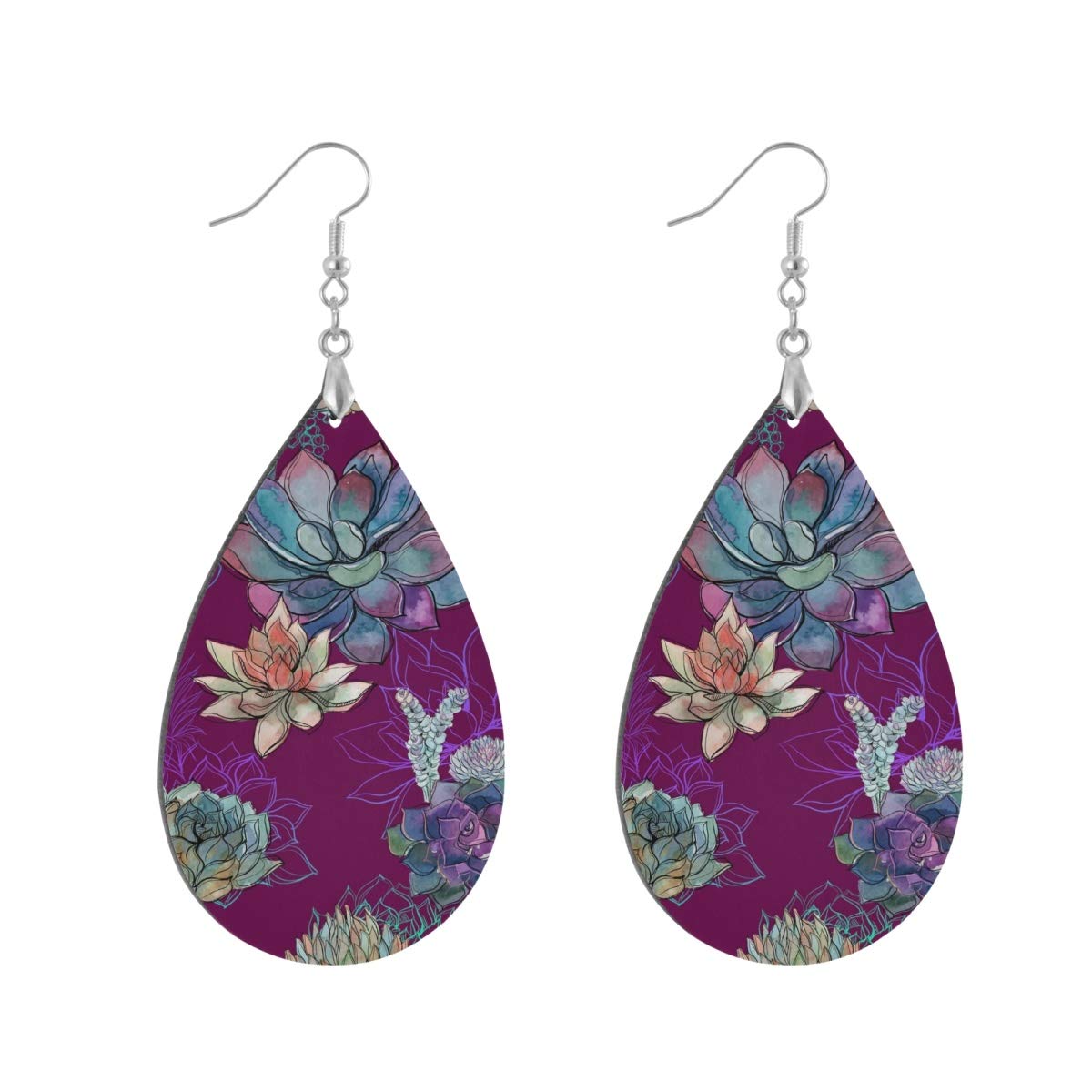 Lightweight Wooden Teardrop Earrings for Women - Natural Round Leaf Dangle Earrings with Colorful Succulent Cork Print (1 Pair) - Perfect for Boho, Casual, and Festival Outfits