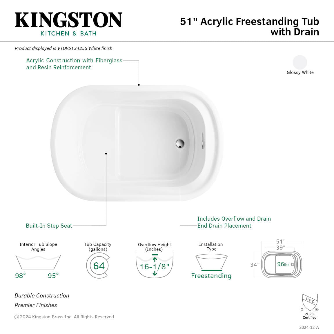 Aqua Eden 51 Inch Acrylic Oval Rectangular Freestanding Bathtub - Glossy White Double Ended Soaking Tub with Drain | Perfect for Master Bathroom, Spa Retreat & Luxury Home Renovation