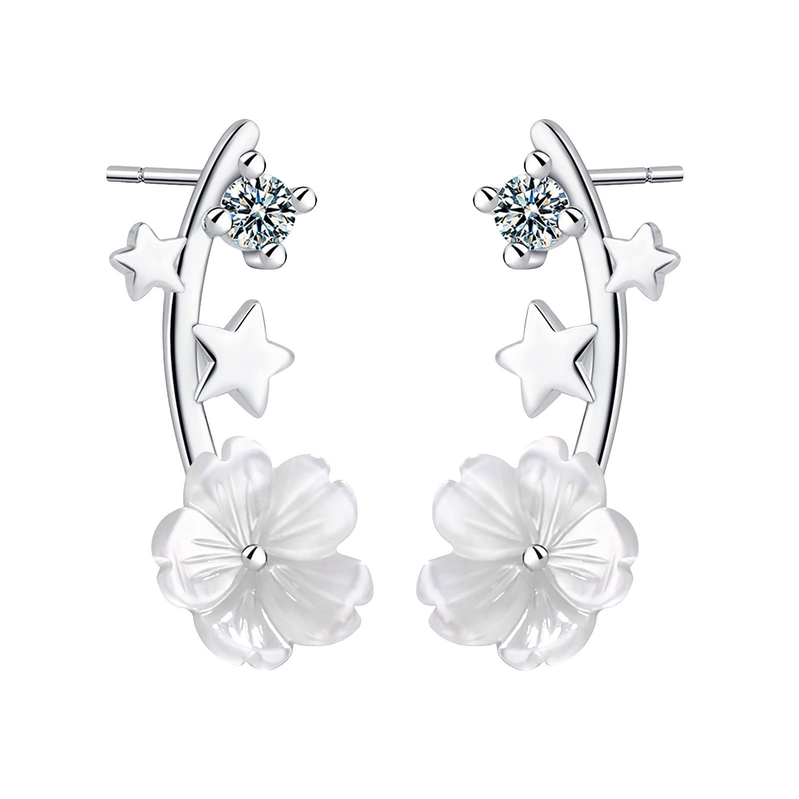 925 Sterling Silver Dangle Earrings for Women - Crystal Pearl Floral Flower Shell Stud Earrings, Small Cartilage Tragus Jewelry, Fashion Statement Piece | Perfect for Parties, Weddings, and Everyday Wear (One Size)