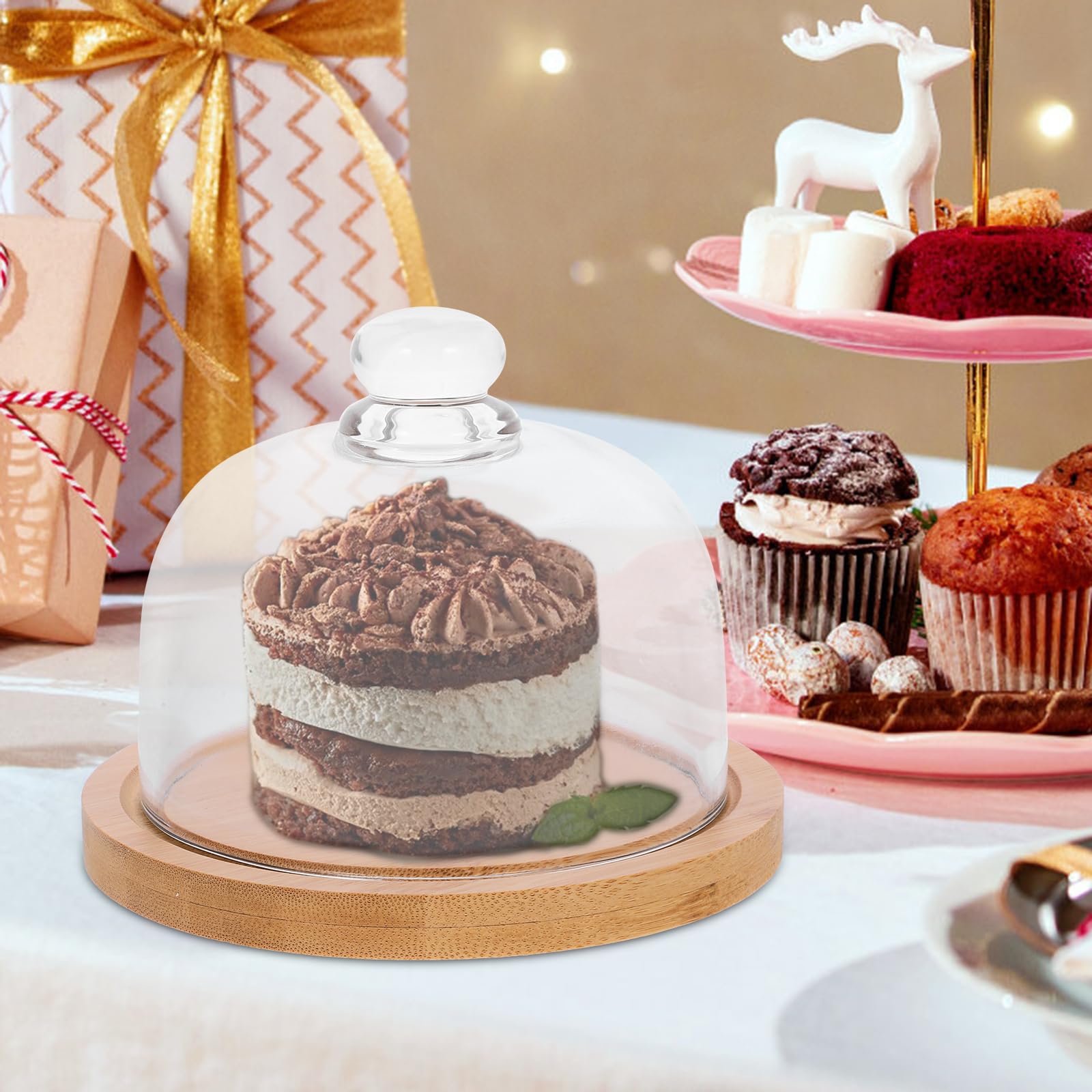 Cabilock 6.5 Inch Wooden Cake Stand with Glass Dome - Round Clear Cloche Dome Cake Plate for Dessert Display - Perfect for Cakes, Pastries, Cheese & Party Food Serving at Weddings, Tea Parties and Bakery Displays