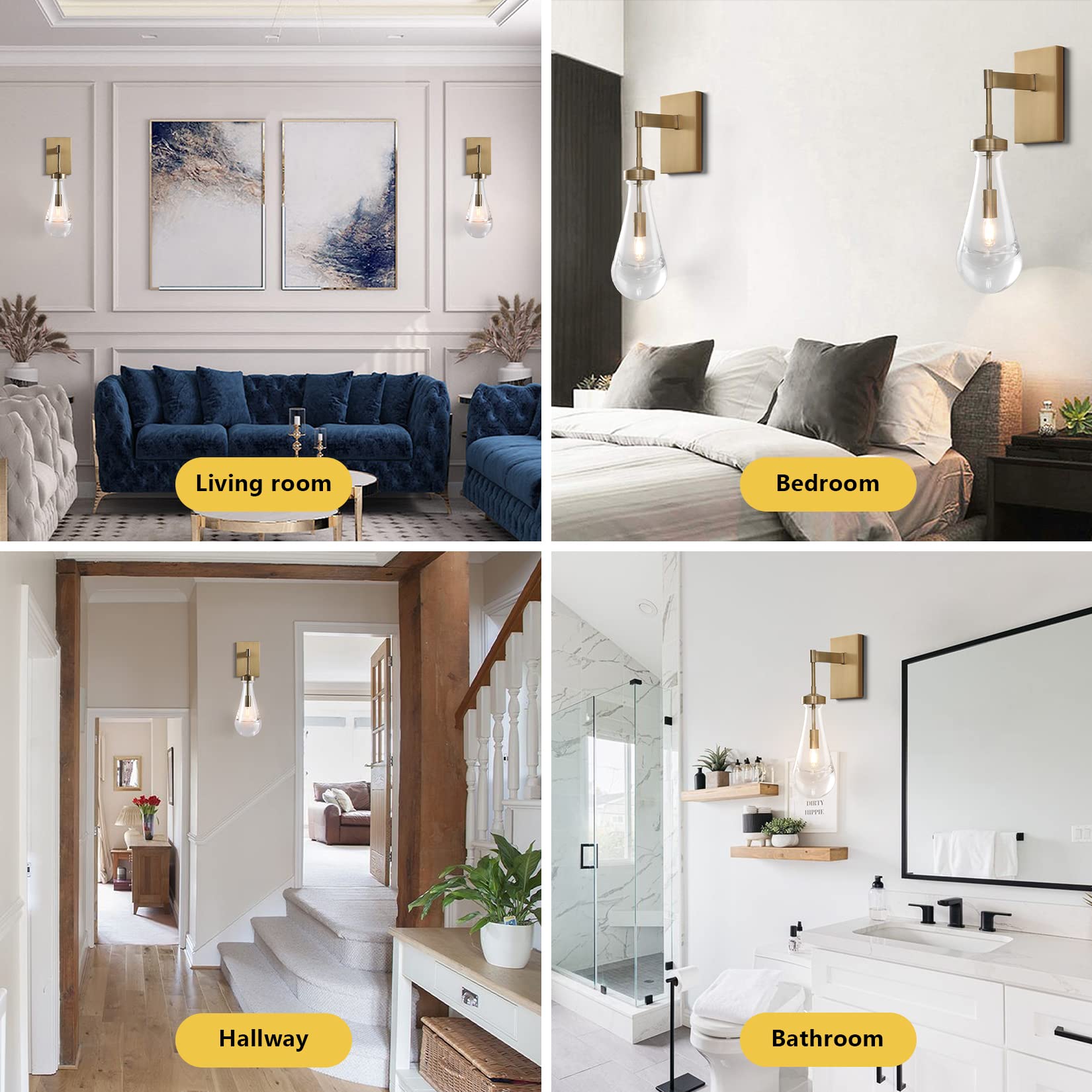 Set of 2 Brass Raindrop Wall Sconces - Hand Blown Solid Glass Wall Lighting Fixtures with Bulbs Included | Indoor Kitchen Decor Lamps for Bedroom, Living Room & Vanity | Perfect for Ambient Lighting & Home Decoration