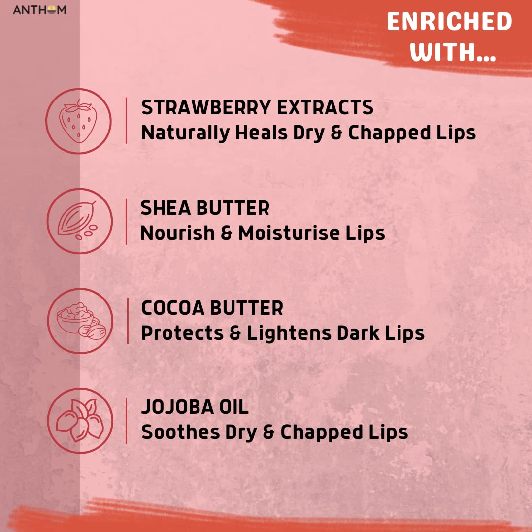 Anthom Strawberry Lip Balm with Natural Strawberry Extract, Shea Butter & Jojoba Oil - Hydrating & Moisturizing Lip Care for Dry, Chapped Lips - 0.28oz - Perfect for Winter, Travel & Daily Lip Protection