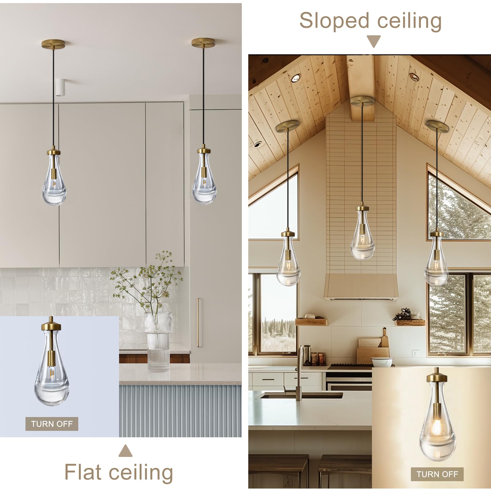 Modern Brass Pendant Light Fixtures Set of 2 with Raindrop Glass, Kitchen Island Lighting, Dining Room Chandelier for Porch, Living Room, Dining Table, E12 LED Bulb, Perfect for Farmhouse, Cafe, and Bedroom Decor