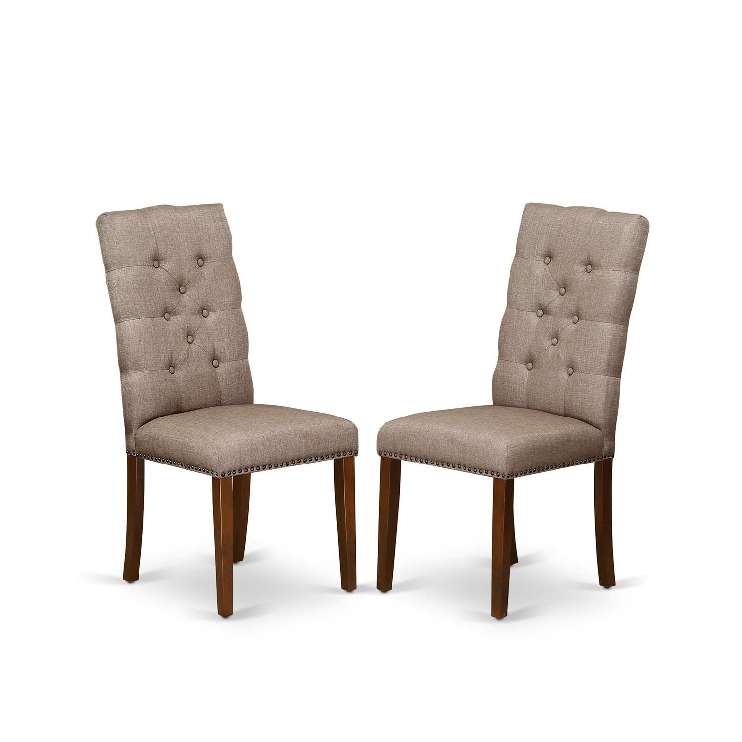 East West Furniture 3-Piece Kitchen Table Set with Round Drop-Leaf Dining Table & 2 Dark Khaki Linen Upholstered Chairs, 42x42 Inch, Mahogany - Perfect for Small Spaces, Breakfast Nooks & Cozy Dining Areas