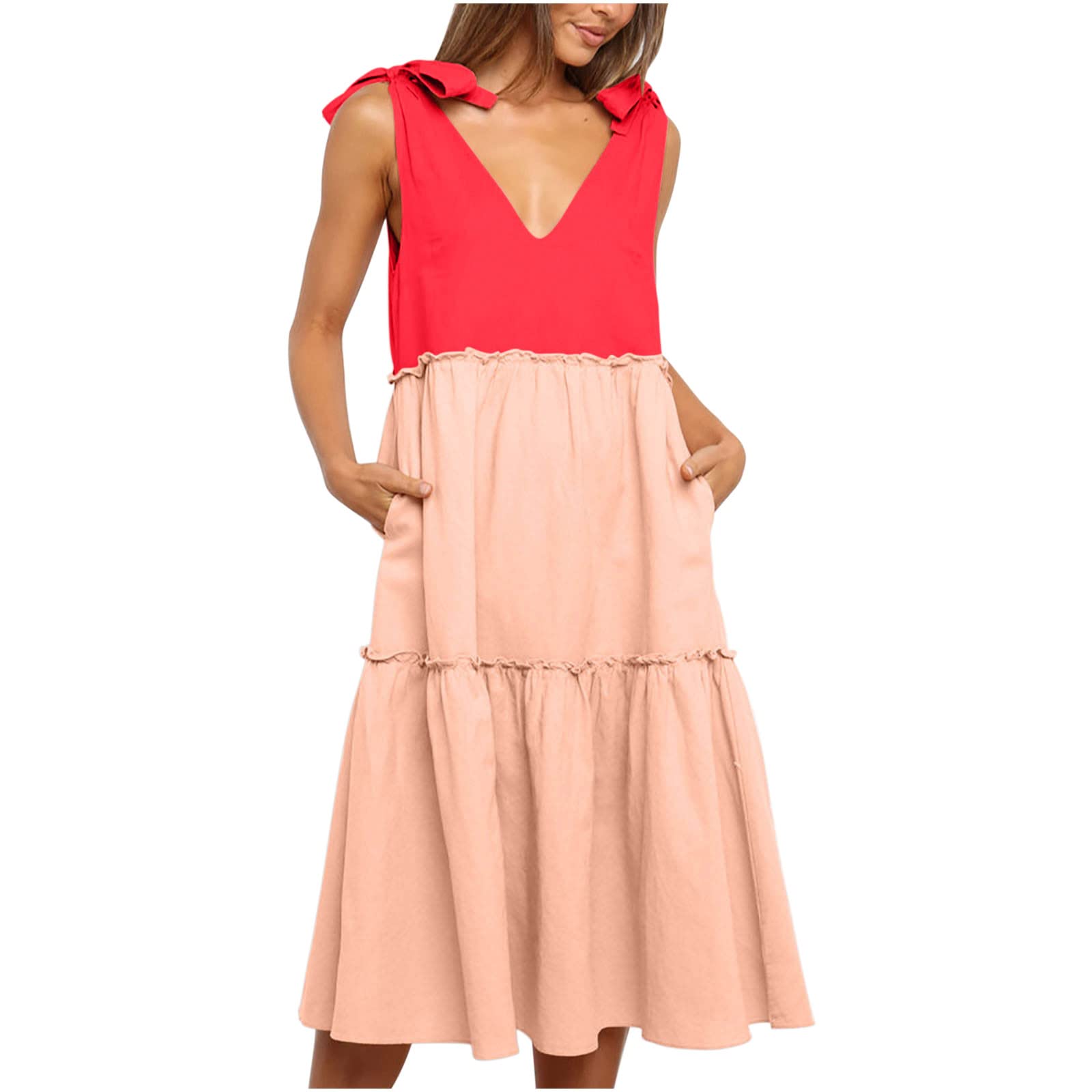Women's Solid Color V-Neck Sleeveless Maxi Dress - Casual Summer Beach Dress with Adjustable Straps - Perfect for Vacations, Weddings & Outdoor Parties
