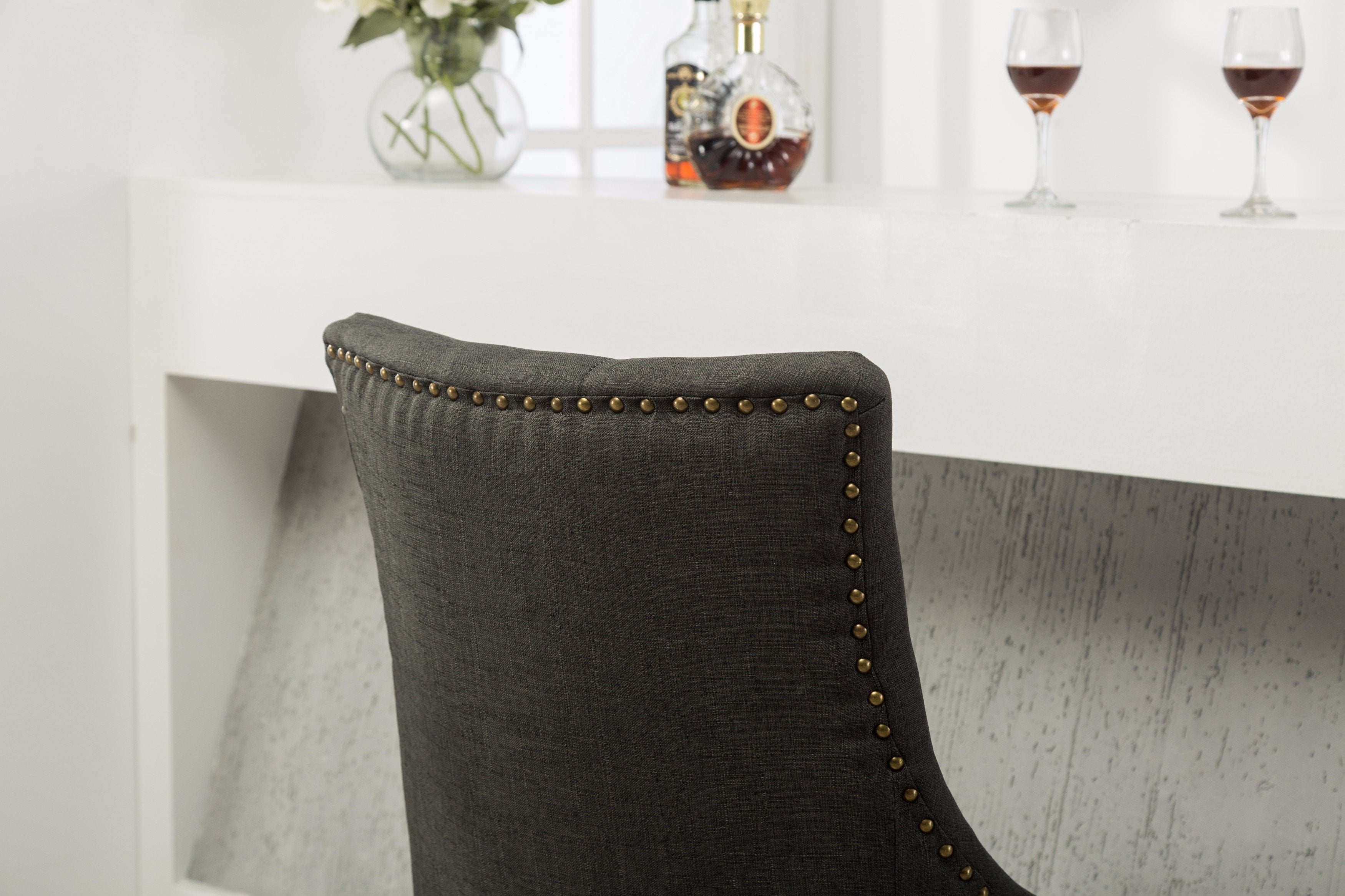 Roundhill Furniture Solid Wood Wingback Chairs with Button Tufted Design and Nail Head Trim - Charcoal Gray Upholstered Dining Chairs Set of 2 for Elegant Dining Room, Living Room or Home Office Decor