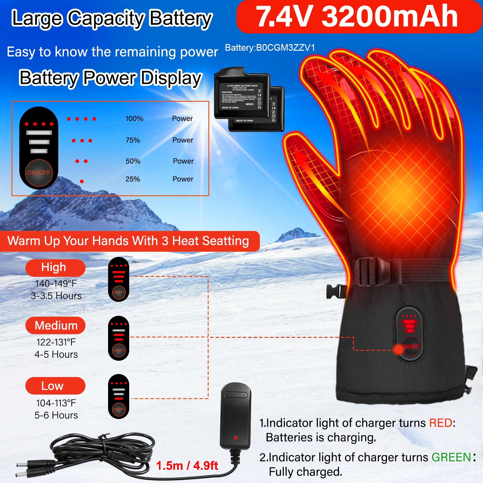 Rechargeable Heated Gloves for Men & Women - 7.4V 3200mAh Electric Motorcycle Gloves with Warm Touchscreen Technology | Perfect for Outdoor Activities, Camping, Cycling, Skiing, Hiking & Winter Work