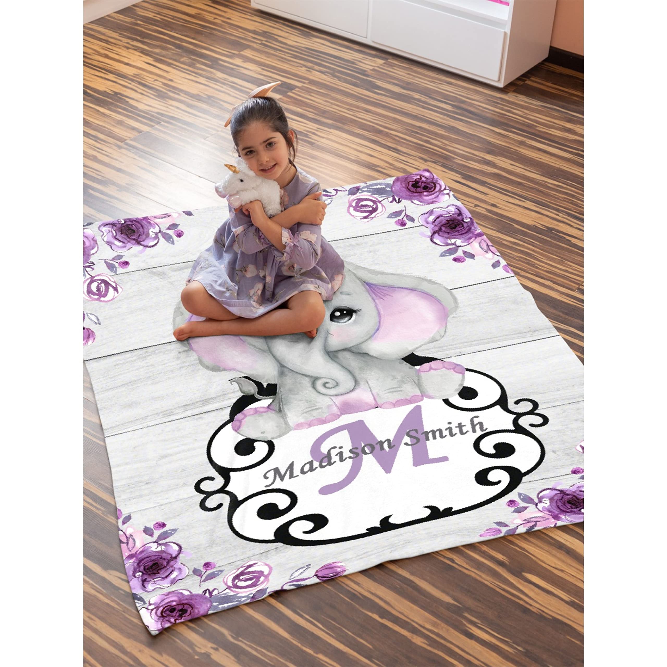 Personalized Custom Baby Blanket with Name - Purple Floral Elephant Fleece Blanket for Girls & Boys | Soft 120