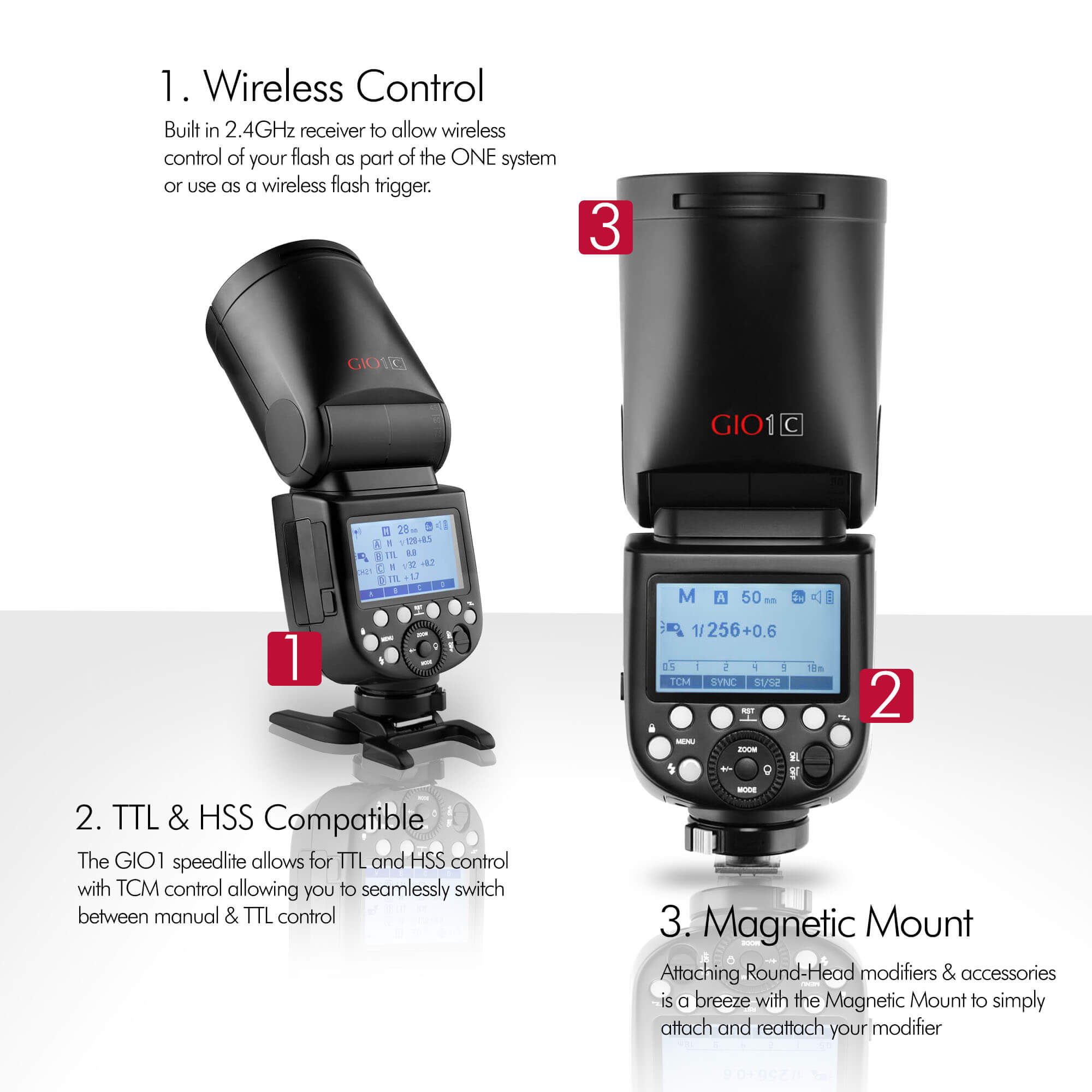 GIO1 (V1) 2.4GHz Round Head TTL & HSS Speedlite Flash with Rechargeable Battery - Compatible with DSLR & Mirrorless Cameras - Perfect for Portrait, Wedding & Event Photography