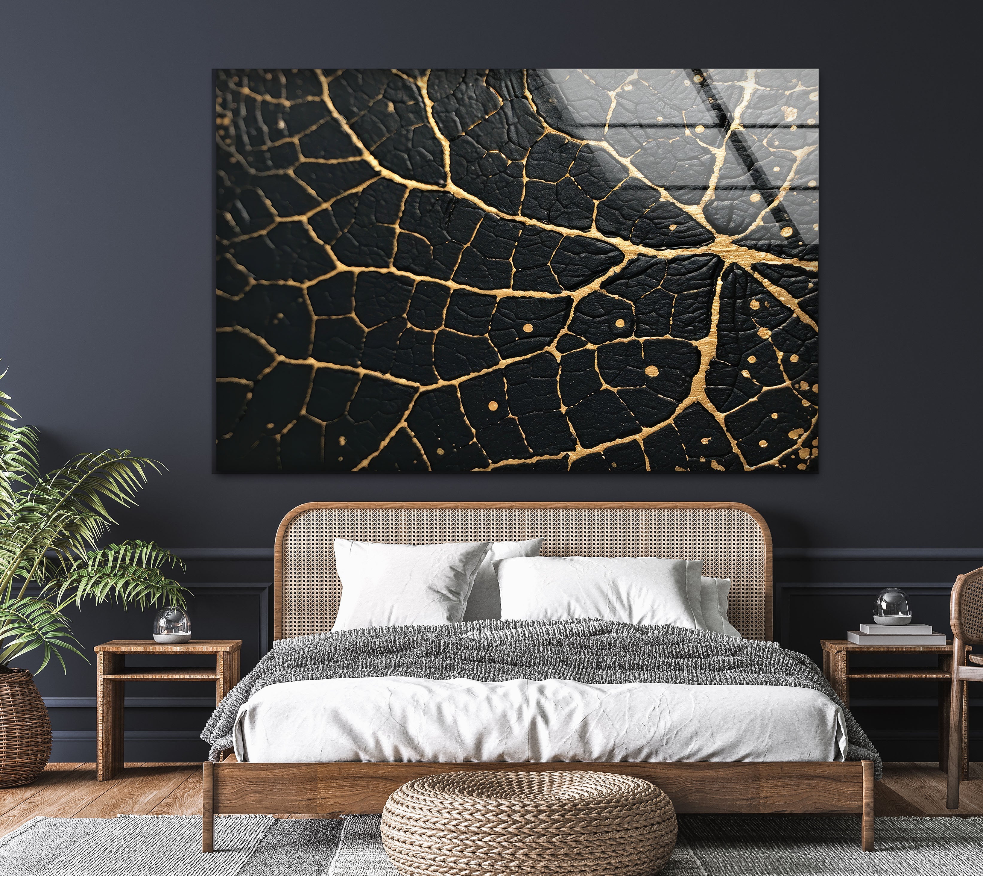 Black and Gold Abstract Glass Wall Art - Modern Home Decor for Living Room, Bedroom & Office - Elegant Handmade Glass Painting for Stylish Interiors