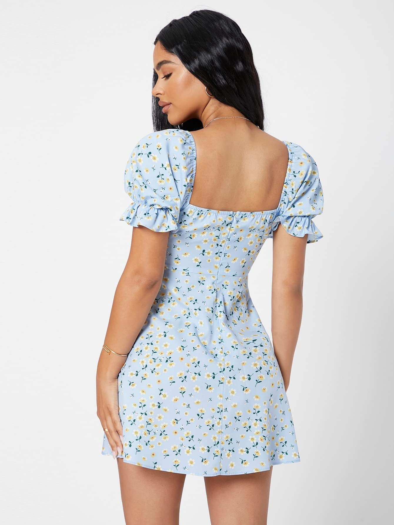 2022 Women's Summer Floral Short Dress with Flounce Sleeves & Ruched Knot Bust - Cute Mini Party, Beach, Vacation, Date Night Outfit