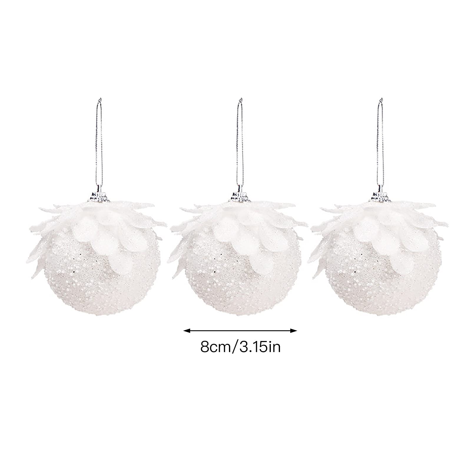 6Pcs Shatterproof Christmas Ball Ornaments - Snow White Glitter Foam Hanging Decorations with Petal Design for Xmas Tree (8cm/3.15inch) - Perfect for Holiday Home Decor, Party & Gift Giving