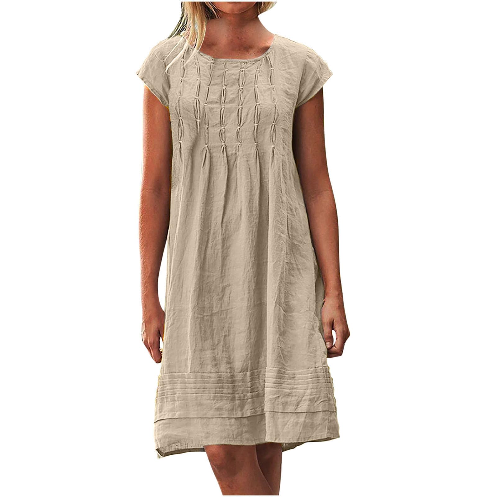 Women's Linen Pleated Summer Dress - Round Neck Short Sleeve Sundress for Beach, Vacation & Casual Wear | Breathable Mini Dress 2025 | Perfect for Outdoor Activities, Travel & Summer Parties