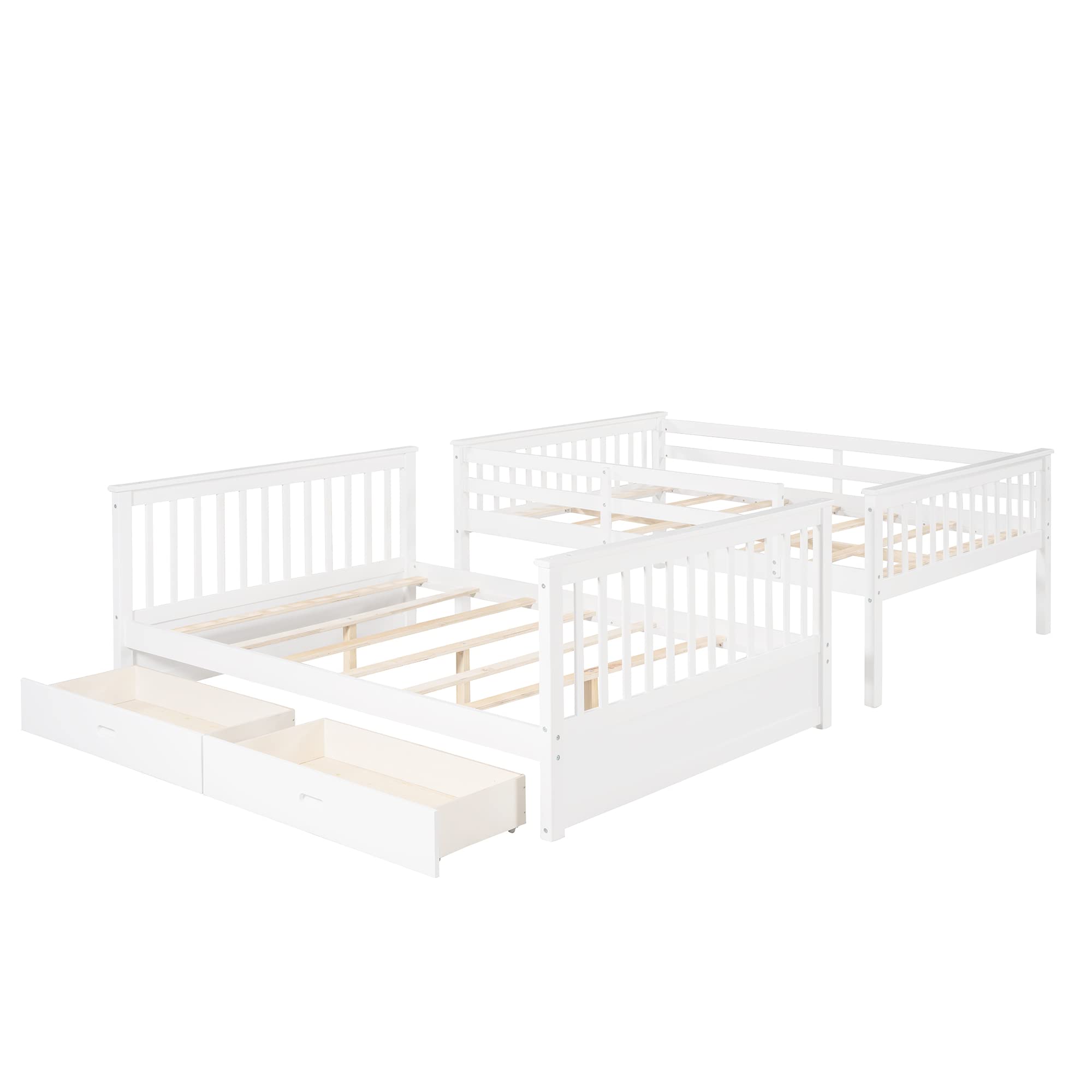 P PURLOVE Full Over Full Bunk Bed with 2 Storage Drawers - Convertible Wood Bunk Bed Frame with Ladders - Splits into 2 Twin Beds for Teens, Kids, Boys & Girls - No Box Spring Needed (White) - Perfect for Small Bedrooms, Dorms & Shared Kids' Rooms