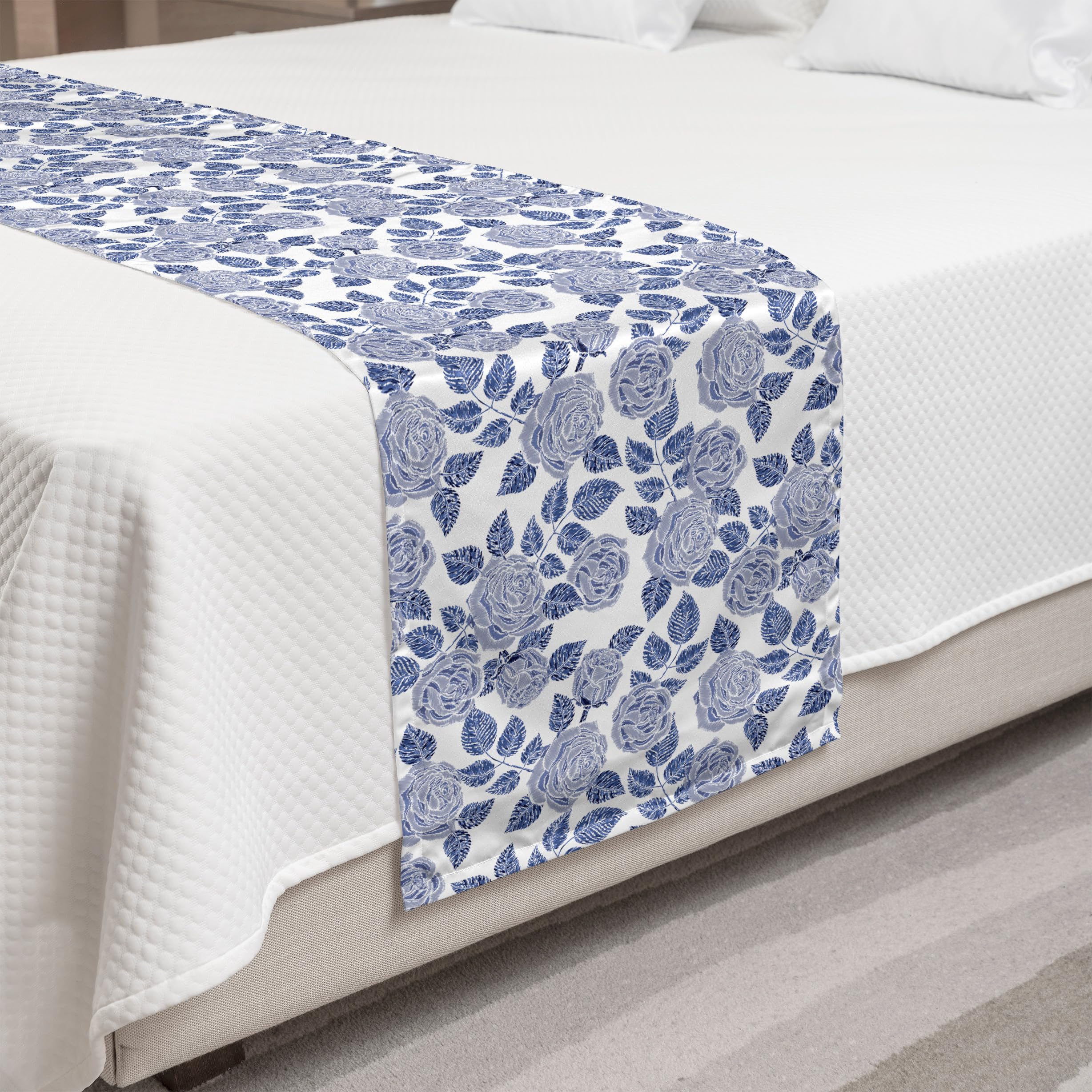 Ambesonne Rose Bed Runner - Monochrome Floral Design with Romantic Petals and Leaves, Decorative Bed Scarf for Home, Hotel & Guest Room Decor - Dark Violet & Ceil Blue - Perfect for Weddings, Bedroom Accents & Luxury Bedding Styling