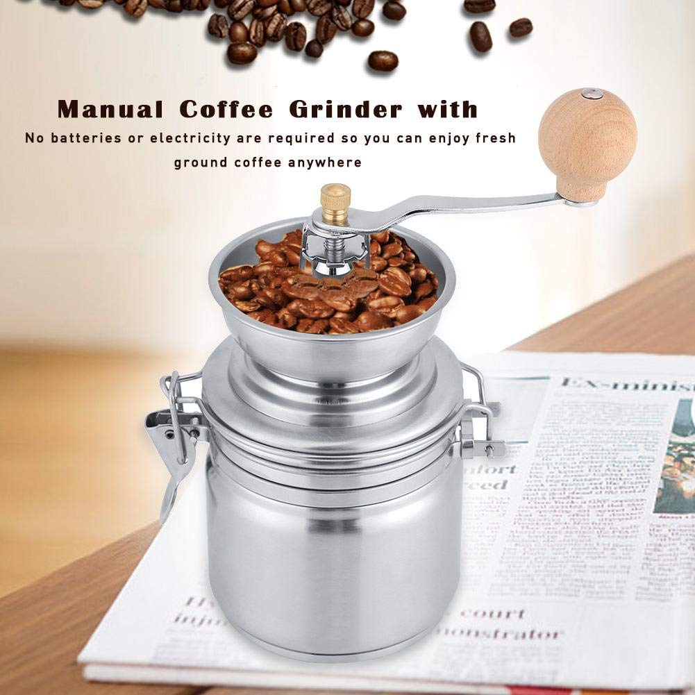 Premium Adjustable Stainless Steel & Ceramic Burr Coffee Grinder with Wooden Handle - Portable Manual Hand Mill for Fresh Coffee Beans, Spices, and Nuts - Perfect for Home, Camping, Travel & Barista Use (Sliver)