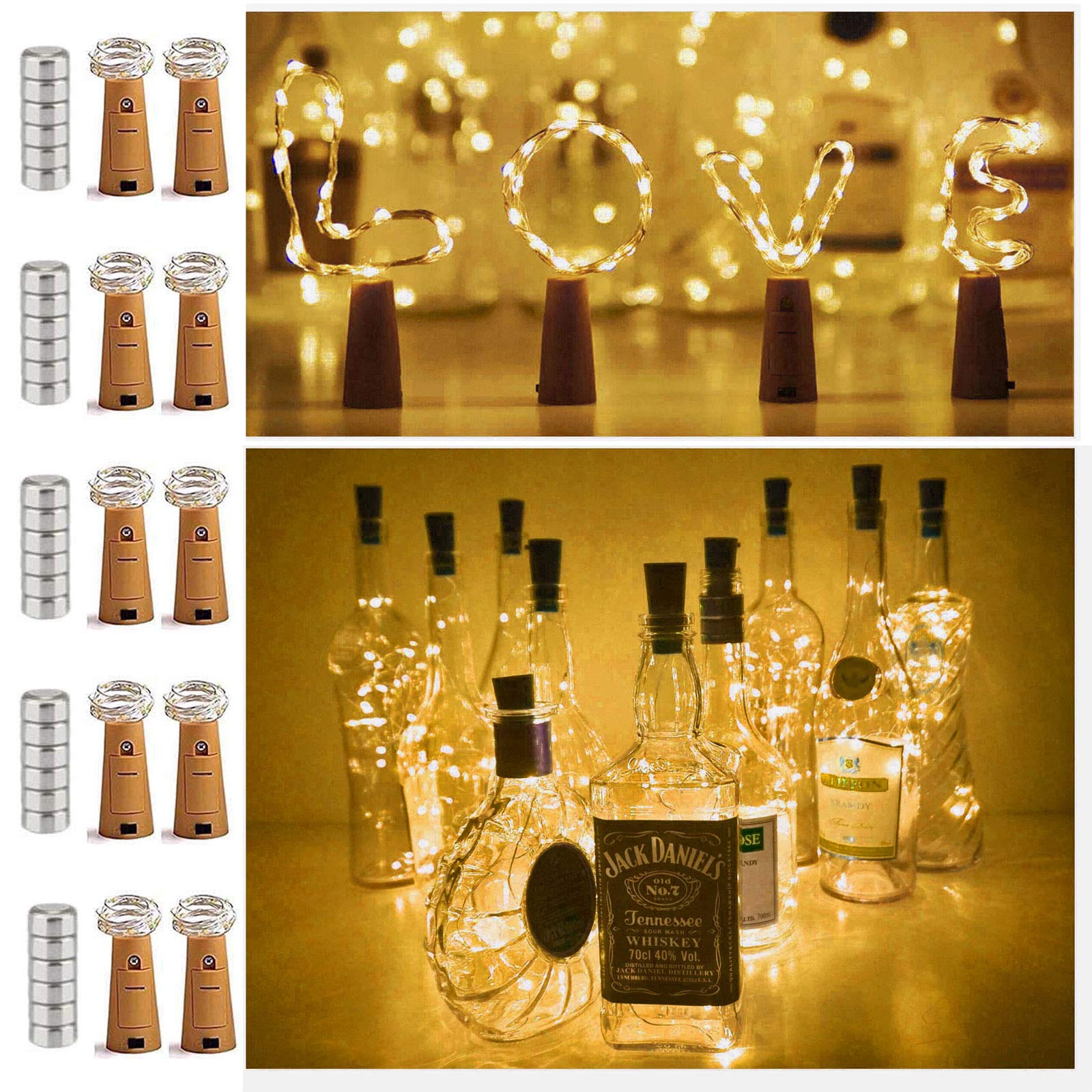 10 Pack 20 LED Wine Bottle Cork Lights - Mini Fairy String Lights with Copper Wire - Battery Operated Starry Lights for DIY, Wedding, Party Decorations - Indoor & Outdoor Festive Lighting (Warm White) - Perfect for Christmas, Anniversary, Garden and Table Centerpiece Decor