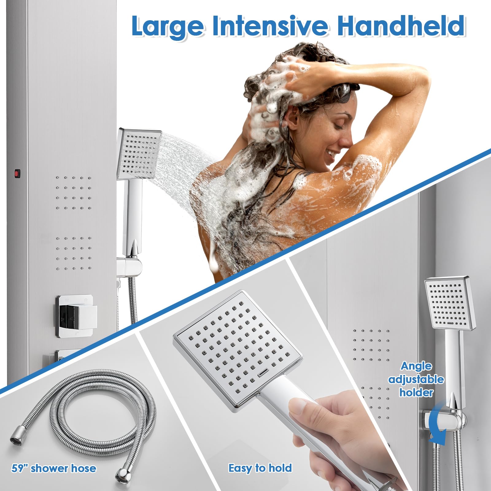 ROVOGO 5-Function LED Shower Panel Tower System with Rainfall Shower Head, 4 Body Jets, Handheld Spray & Tub Spout - Brushed Stainless Steel for Luxurious Bathroom Spa Experience