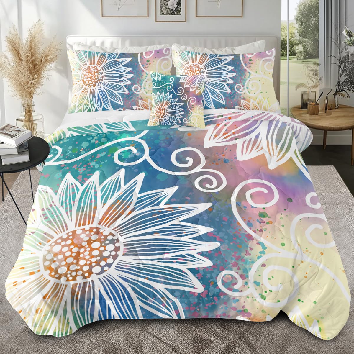 Sleepwish Boho Mandala Floral Queen Comforter Set - Turquoise Teal Blue Bohemian Geometric Lightweight Quilt | 4-Piece Ethnic Bedspread for Master Bedroom, Guest Room & Bohemian Home Decor