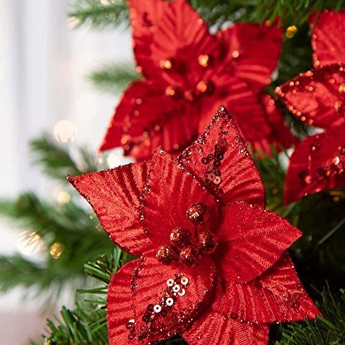 Red Velveteen Poinsettias With Clip - Package of 12