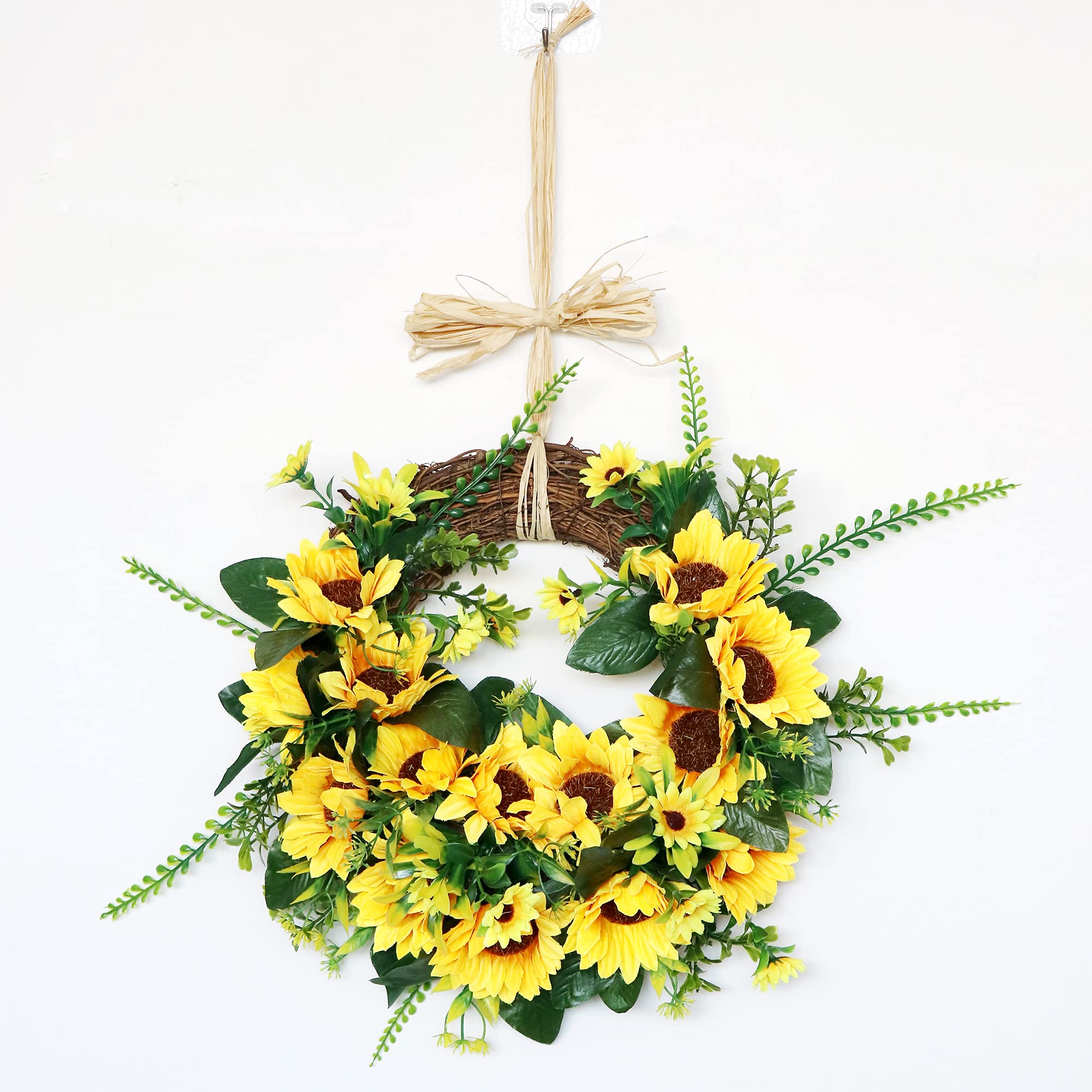 Ansuma Silk Sunflower Wreath - Rustic Farmhouse Decor with Buffalo Plaid Bow, Grapevine Rattan & Daisy Leaves for Front Door, Wall, Window - Perfect for Home Decor, Weddings & Seasonal Parties (001SF)