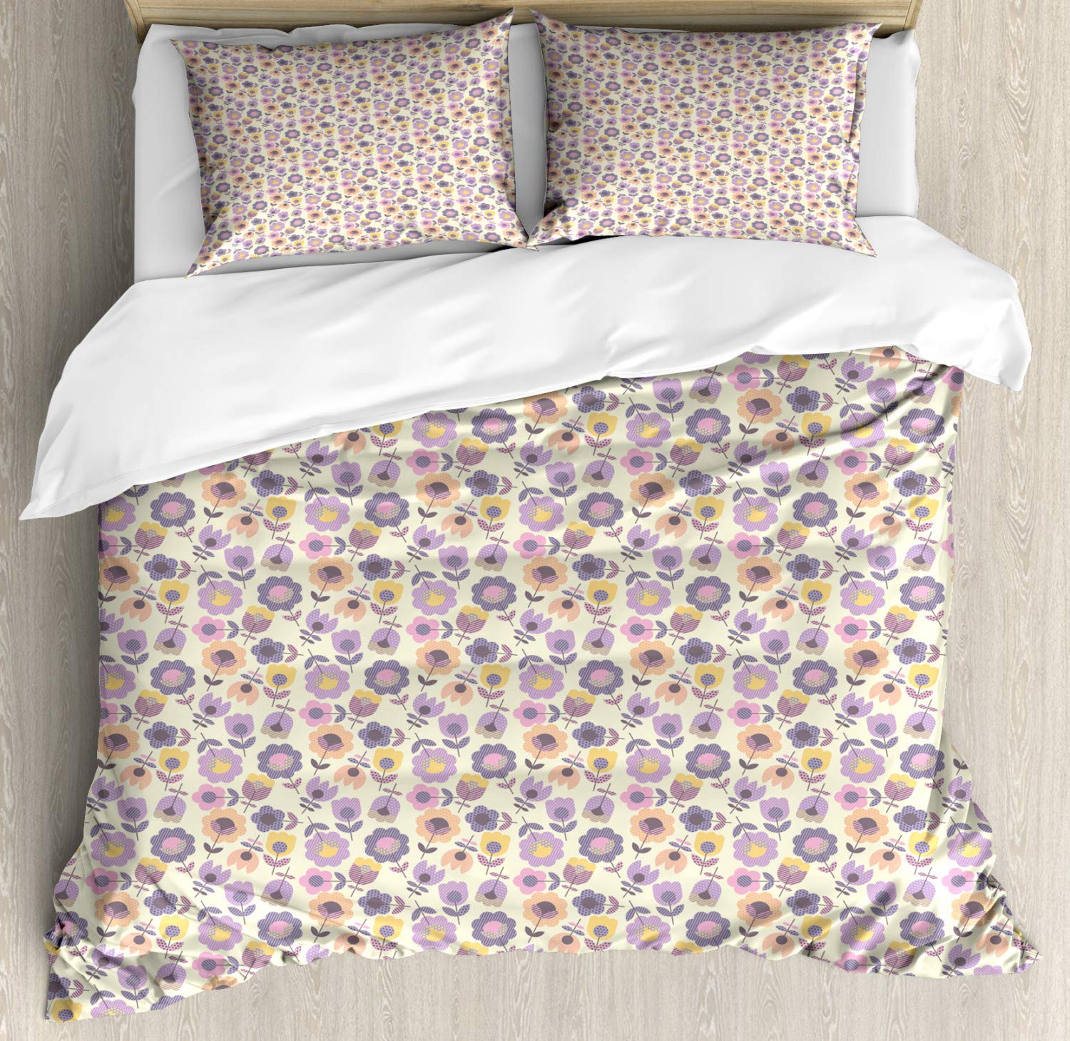 Ambesonne Floral Duvet Cover Set Queen Size - 3 Piece Spring Bedding with Daisy Tulip Design, 2 Pillow Shams - Light Blue Bohemian Style for Master Bedroom & Guest Room Decor