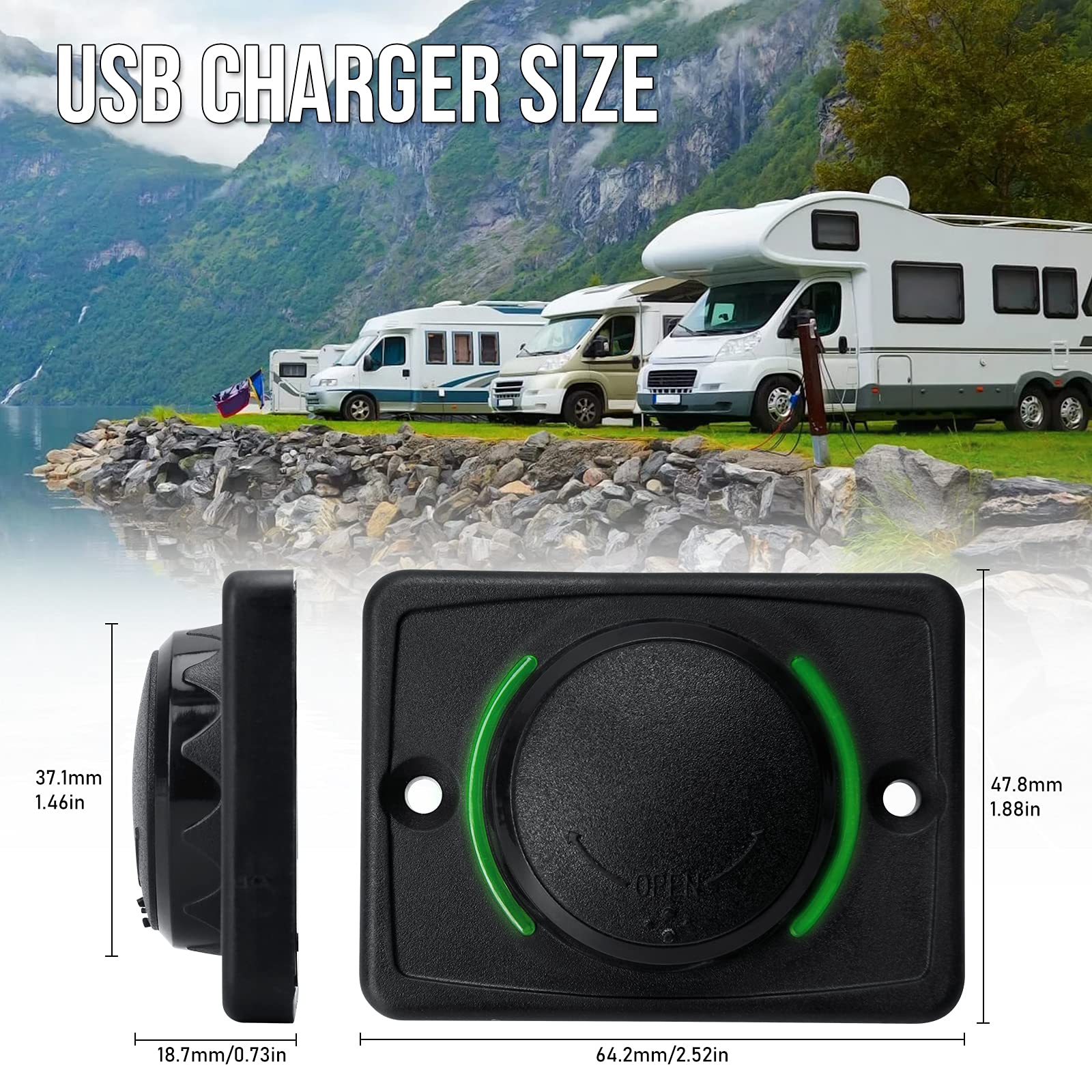 12V RV USB Charger - Dual Port Quick Charge 3.0 Wall Mount Charging Station with LED Indicator & Protective Cap for Car, Camper, Boat, Marine, SUV, ATV (Black) - Perfect for Road Trips & Outdoor Adventures