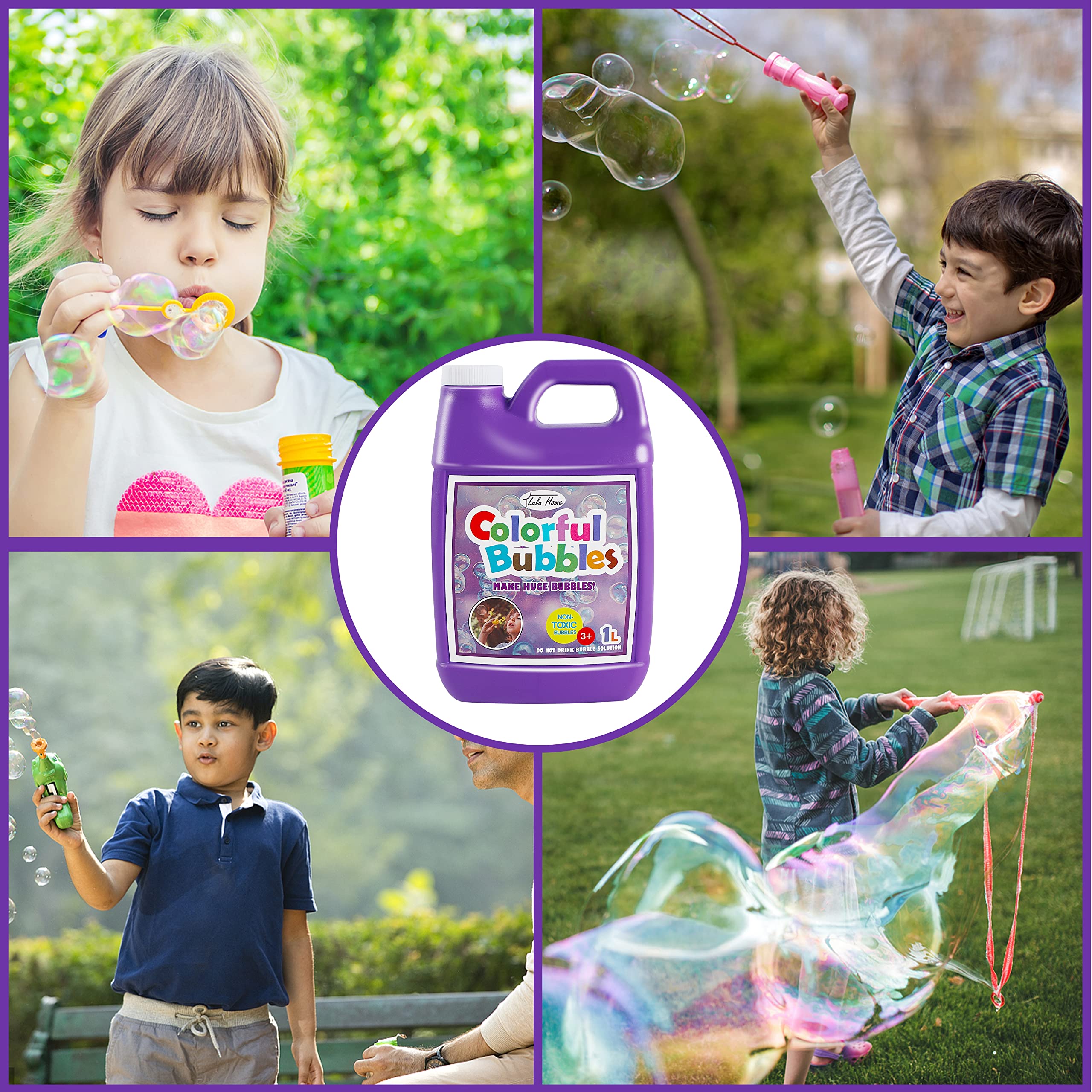 Lulu Home 2 Pack Bubble Concentrate Solution - 1L (33.8oz) Refill for Bubble Machines, Giant Bubble Wands & Blower Toys - Perfect for Kids Birthday Parties, Outdoor Play & Summer Activities (Purple Bottle)