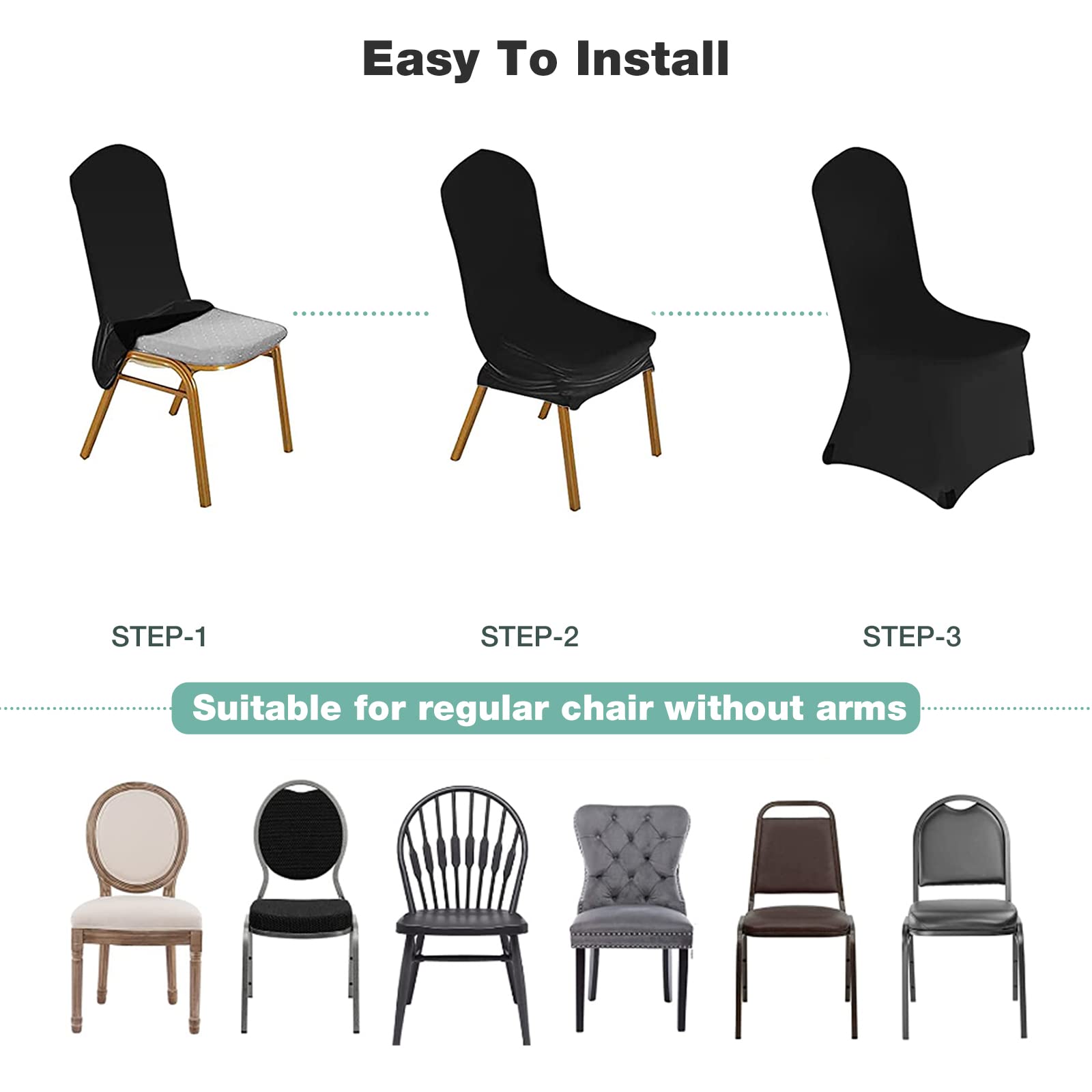 Washable Stretch Chair Covers for Dining Room - Polyester Spandex Slipcovers for Wedding, Party & Banquet (100-Pack, Flat Black) | Durable & Removable Seat Covers for Home, Restaurant & Event Decor