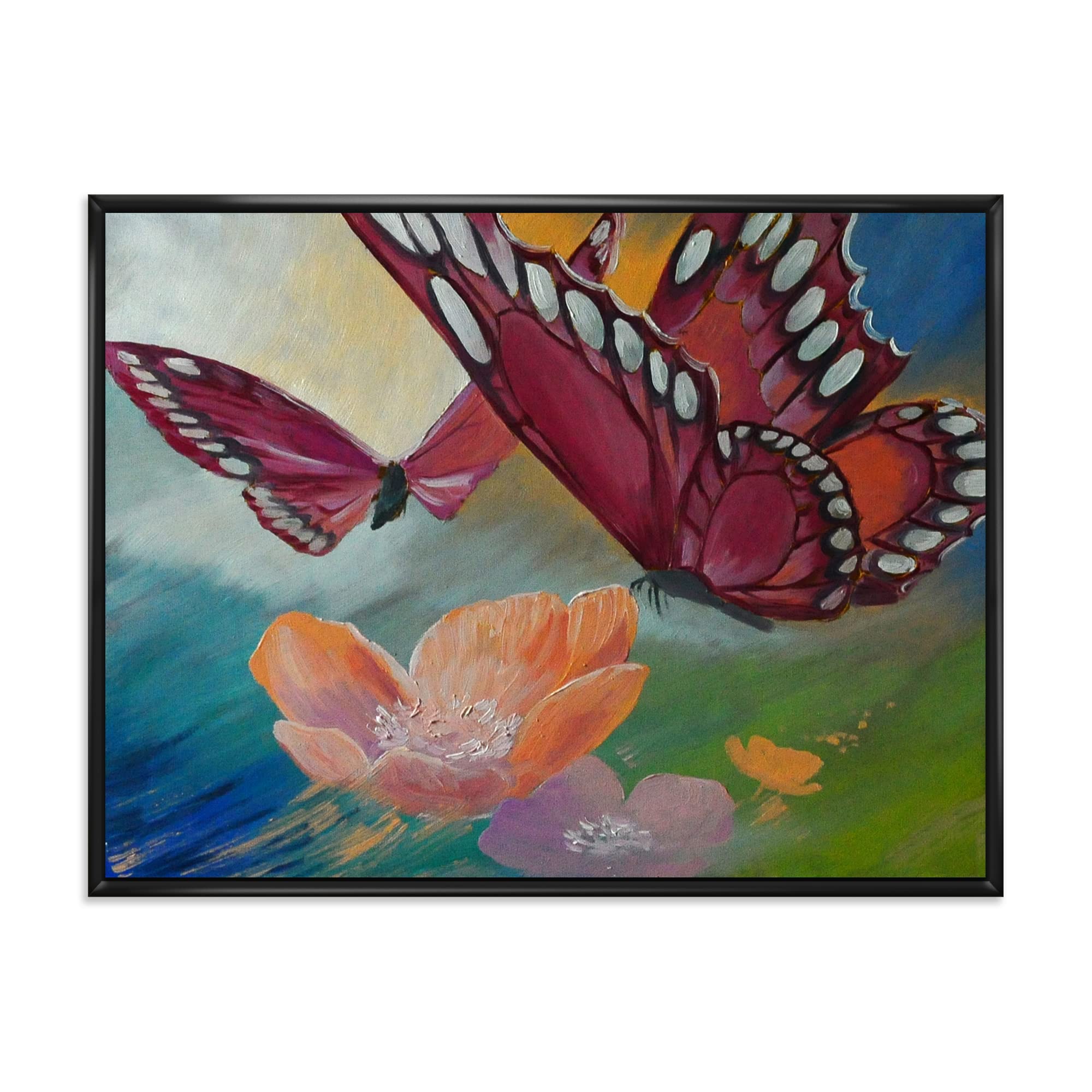 Butterfly on Pink Flowers Framed Canvas Wall Art - Traditional Home Decor for Living Room, Bedroom & Office