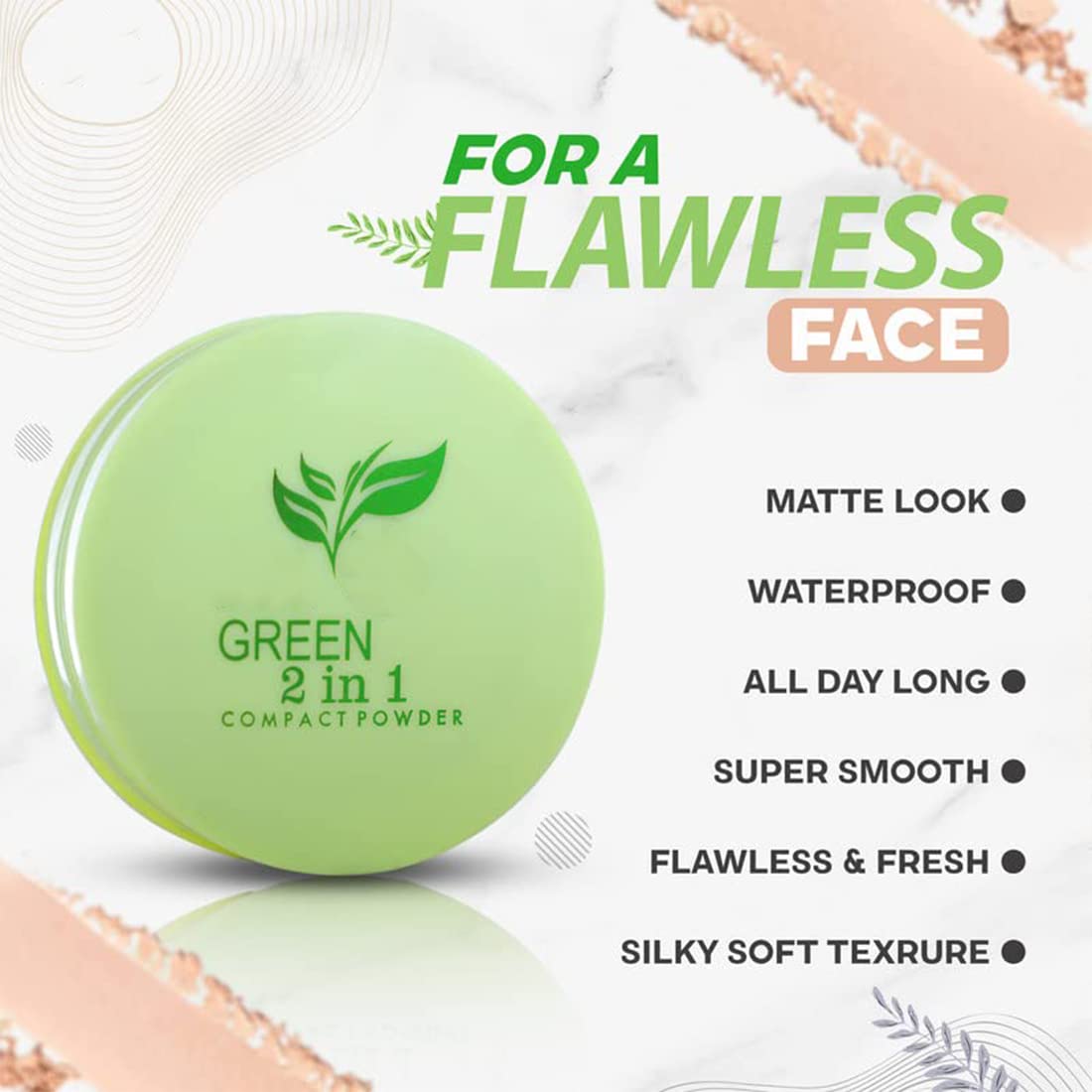 Kiss Beauty Green Tea Compact Powder 9025 - Beige 25g with Lilium Aloe Vera Cream | Oil Control & Skin Brightening | Perfect for Daily Makeup & Touch-Ups