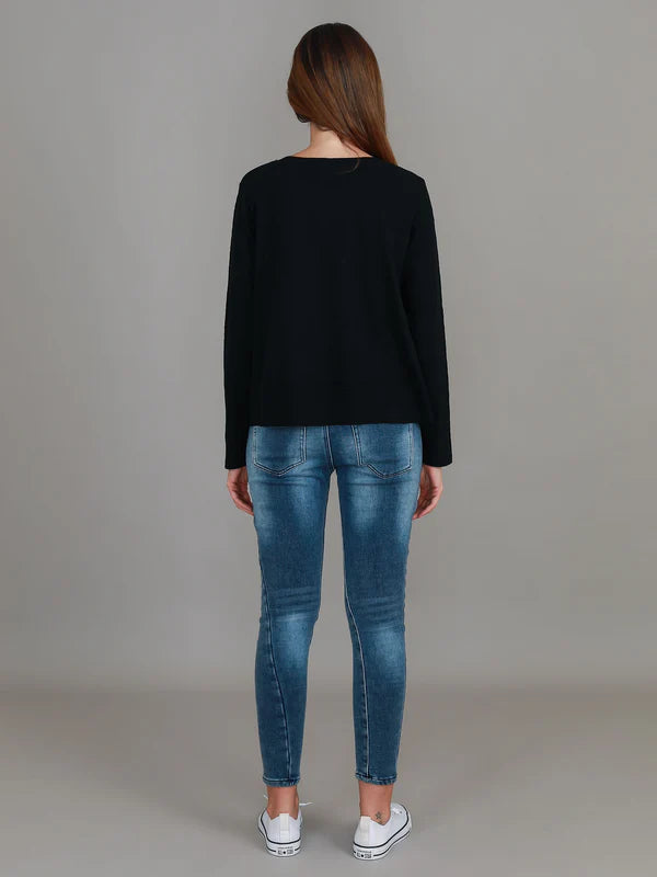Sonya Women's Long Sleeve T-Shirt - Soft Cotton Basic Tee for Casual Wear (Black) | Perfect for Layering, Office Outfits & Everyday Comfort