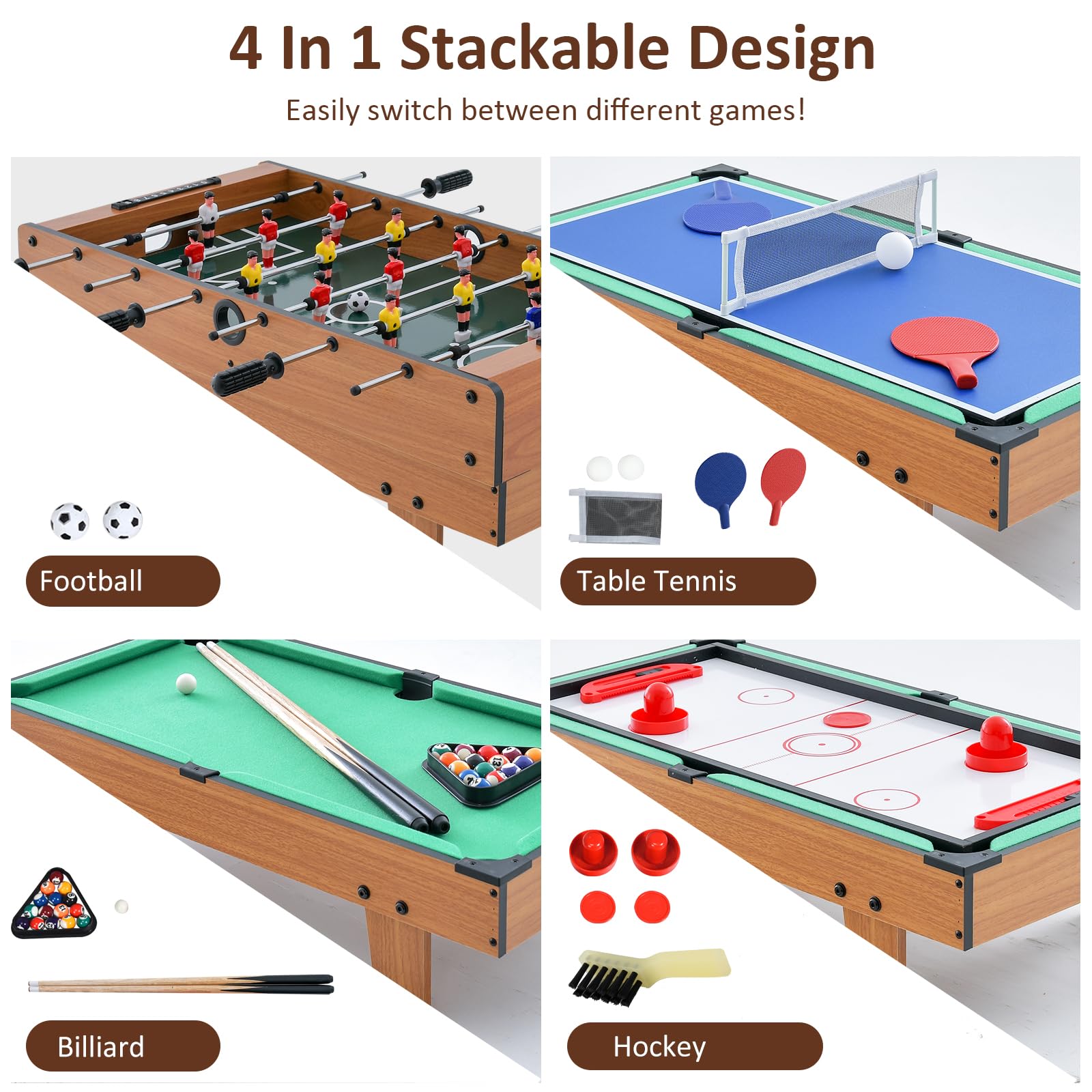 Giantex 4-in-1 Multi-Game Table - Soccer, Hockey, Billiards & Ping Pong - Wooden Foosball Table for Game Rooms & Family Fun - Perfect for Indoor Entertainment, Parties & Recreation