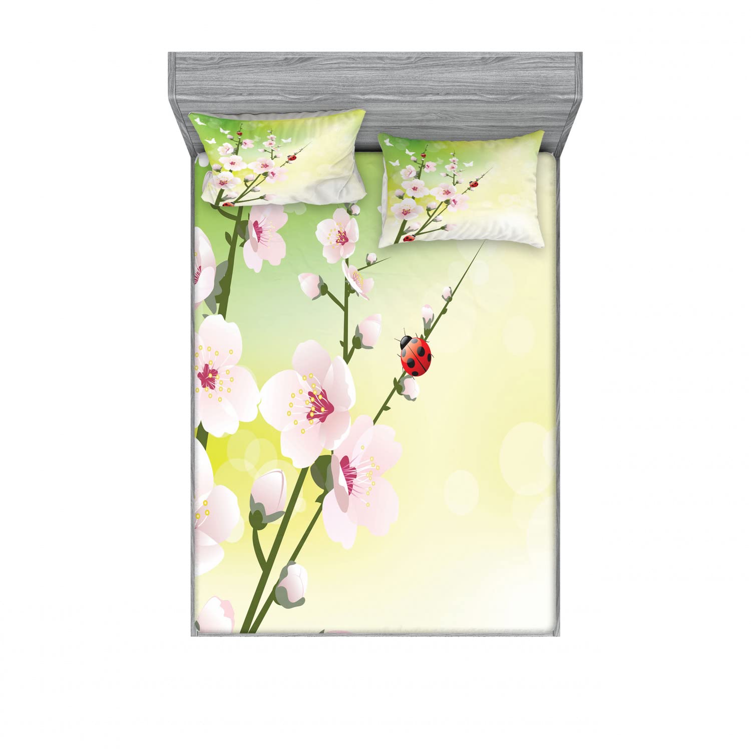 Ambesonne Floral 2-Piece Full Size Fitted Sheet Set with 4 Pillow Shams - Spring Blossoms & Ladybugs Pattern in Green & Pink - Soft Bedding Decor for Guest Room, Kids Room or Dorm - 4 Piece Bed Sheet Set