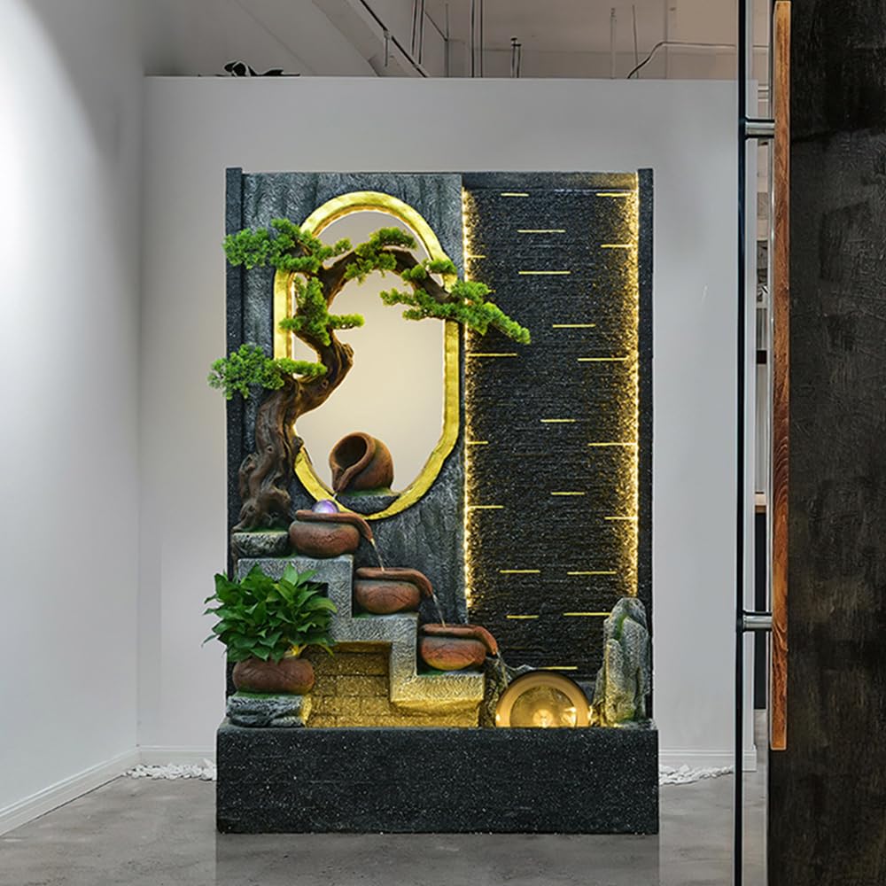 Large Zen Landscape Wall Fountain with LED Lights & Bonsai Accents - Indoor/Outdoor Waterfall Decor for Home, Office, Garden | Relaxing Meditation, Spa, Yoga Space | Model 5026
