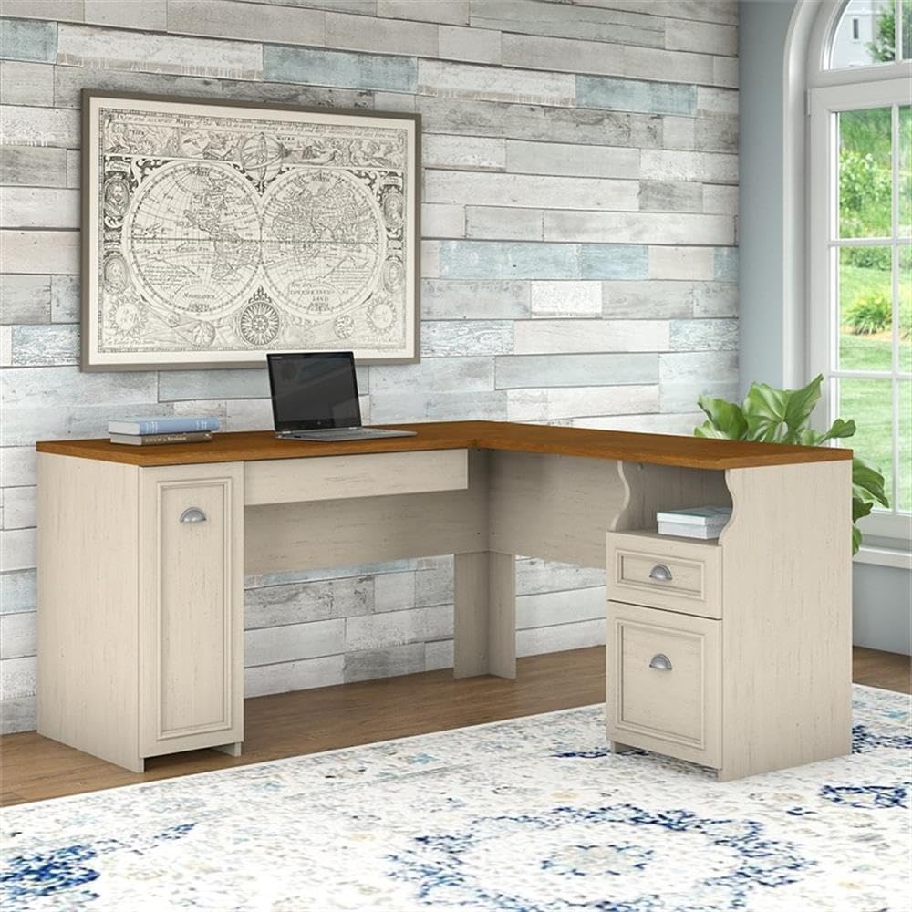 Atlin Designs 60W L-Shaped Computer Desk with Storage Drawers - Antique White Finish for Home Office, Gaming & Small Space Workstation