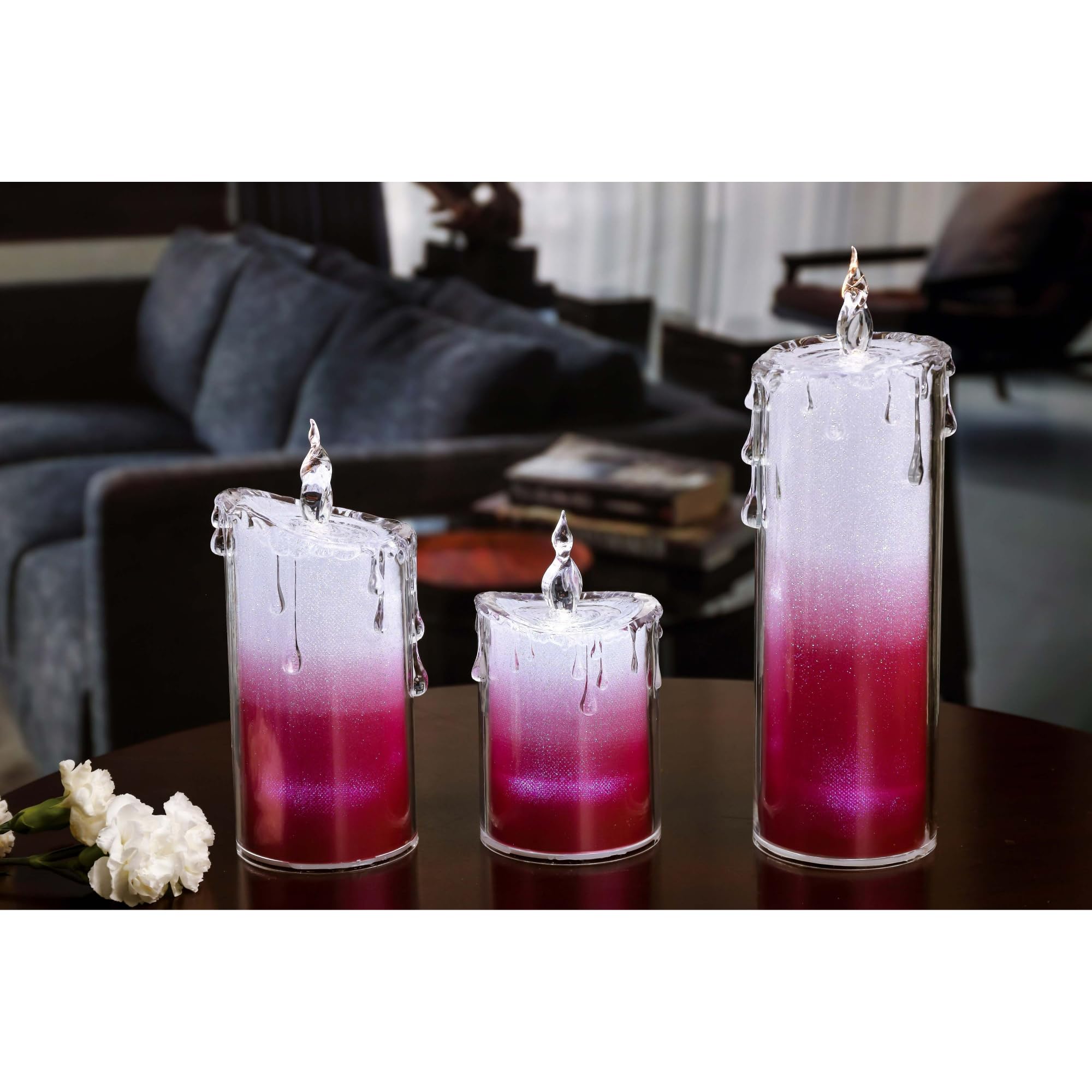 Set of 3 White and Red Glitter LED Flameless Candles 9.5