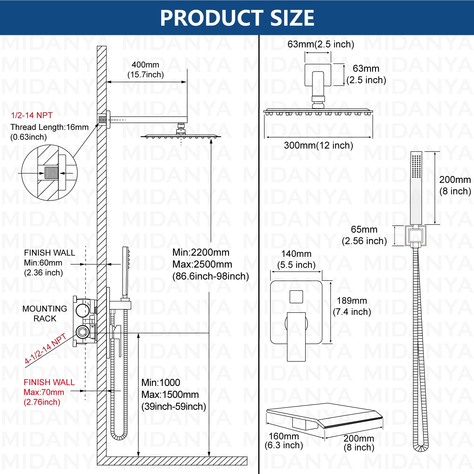 Midanya 12 Inch Oil Rubbed Bronze Rain Shower System - Square Rainfall Shower Head with Handheld Sprayer, Waterfall Tub Spout & Rough-in Valve Shower Mixer Combo for Bathroom & Tub | Luxurious Spa Experience at Home