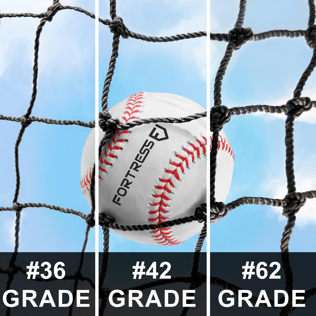 Heavy Duty FORTRESS Baseball Batting Cage Nets | #36 #42 #62 Grade HDPP Netting for Baseball & Softball | Durable Two-Piece Design for Indoor/Outdoor Training, Backyard Practice & Sports Facilities